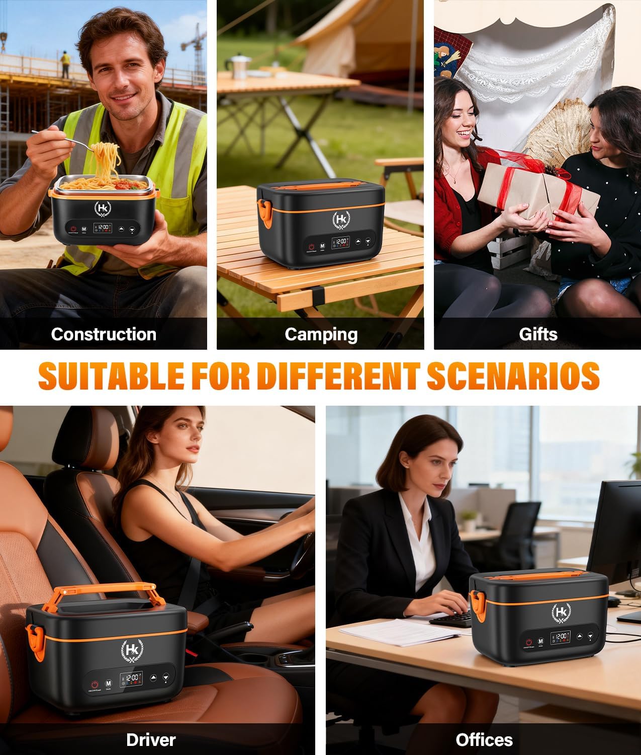 HK 2026 Upgraded Heated Lunch Box, 1.2L Cordless Electric Lunch Box, 24000mAh Rechargeable Portable Food Warmer with Auto Temperature Control, 5-Sided Heating, Leakproof, for Office, Outdoors