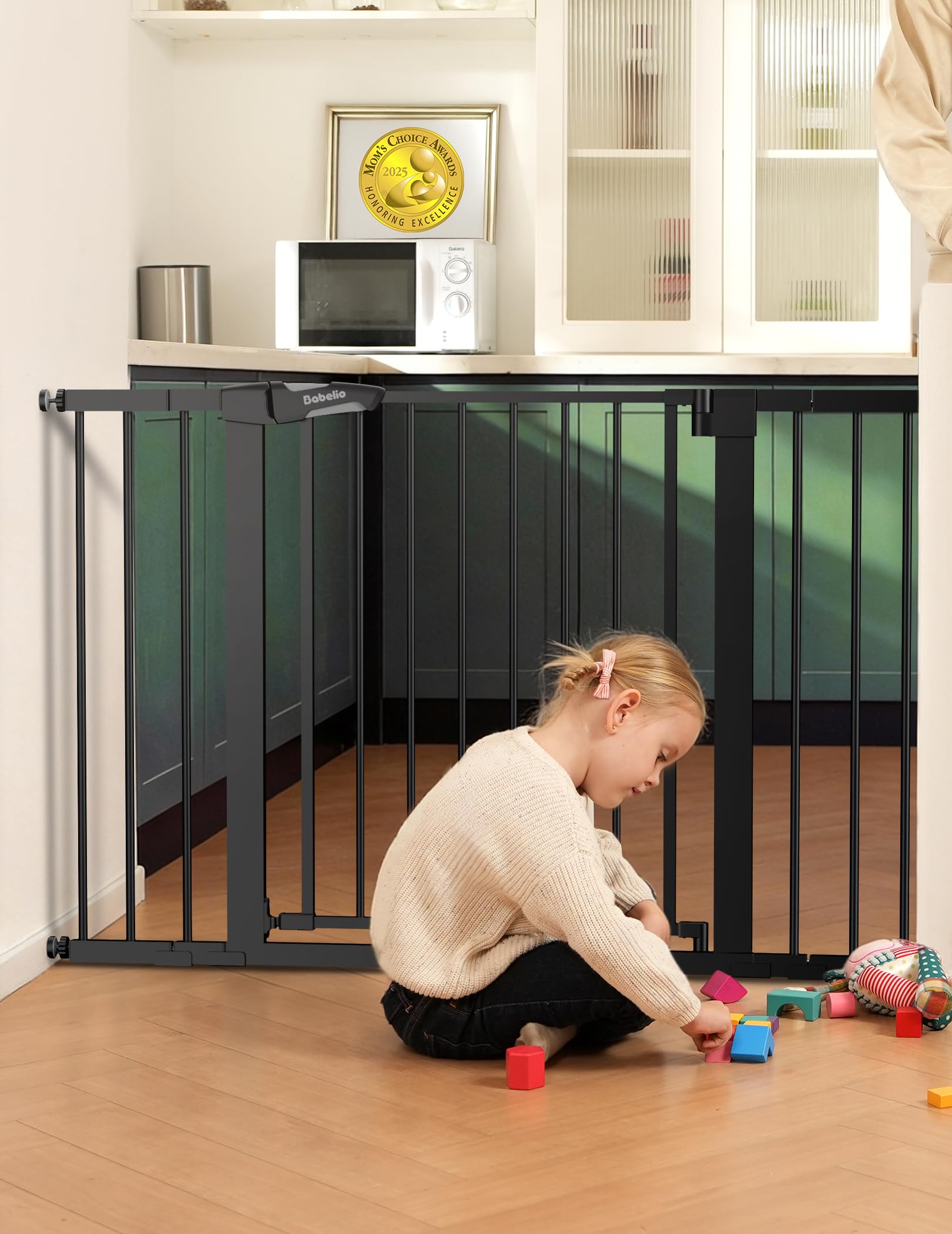 Babelio Metal Auto Close Baby Gate PressGuard P7, 29-48" Wide 30" Tall Extra Wide Pet Gate for The House and Doorways, Pressure Mounted Walk Thru Child Gate with Door, Black