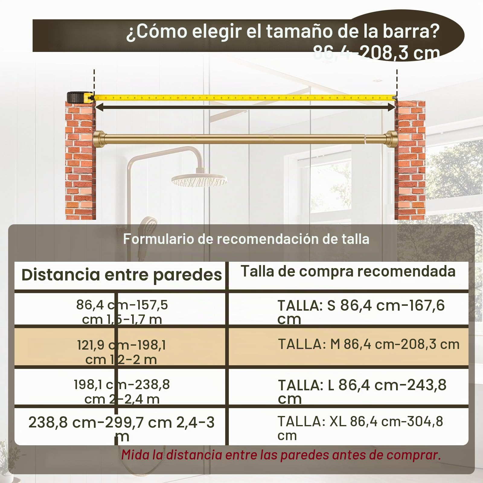 YNL Barra de cortina de ducha de 34 a 82 pulgadas con 12 anillos de cortina de ducha, barra de ducha dorada ajustable sin taladrar, antideslizante, nunca se oxida, acero inoxidable, adecuada para