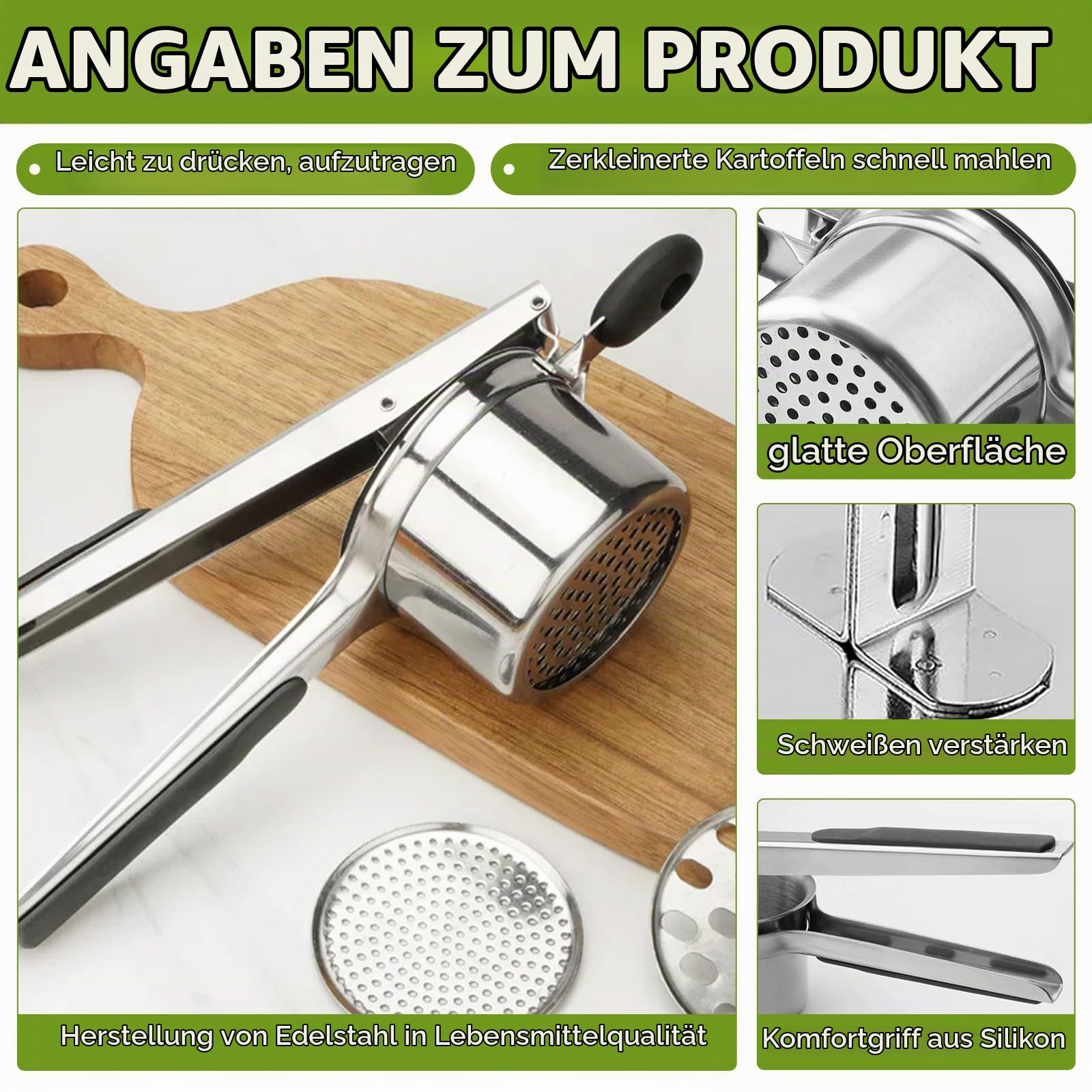 Kartoffelpresse Edelstahl Spagettieis Quetsche 450ml Spaghetti Eispresse mit 3 Austauschbare Sieb und Reinigungsbürste Kartoffelpüree, Spätzle, Gnocchi, Gemüse und Saucen