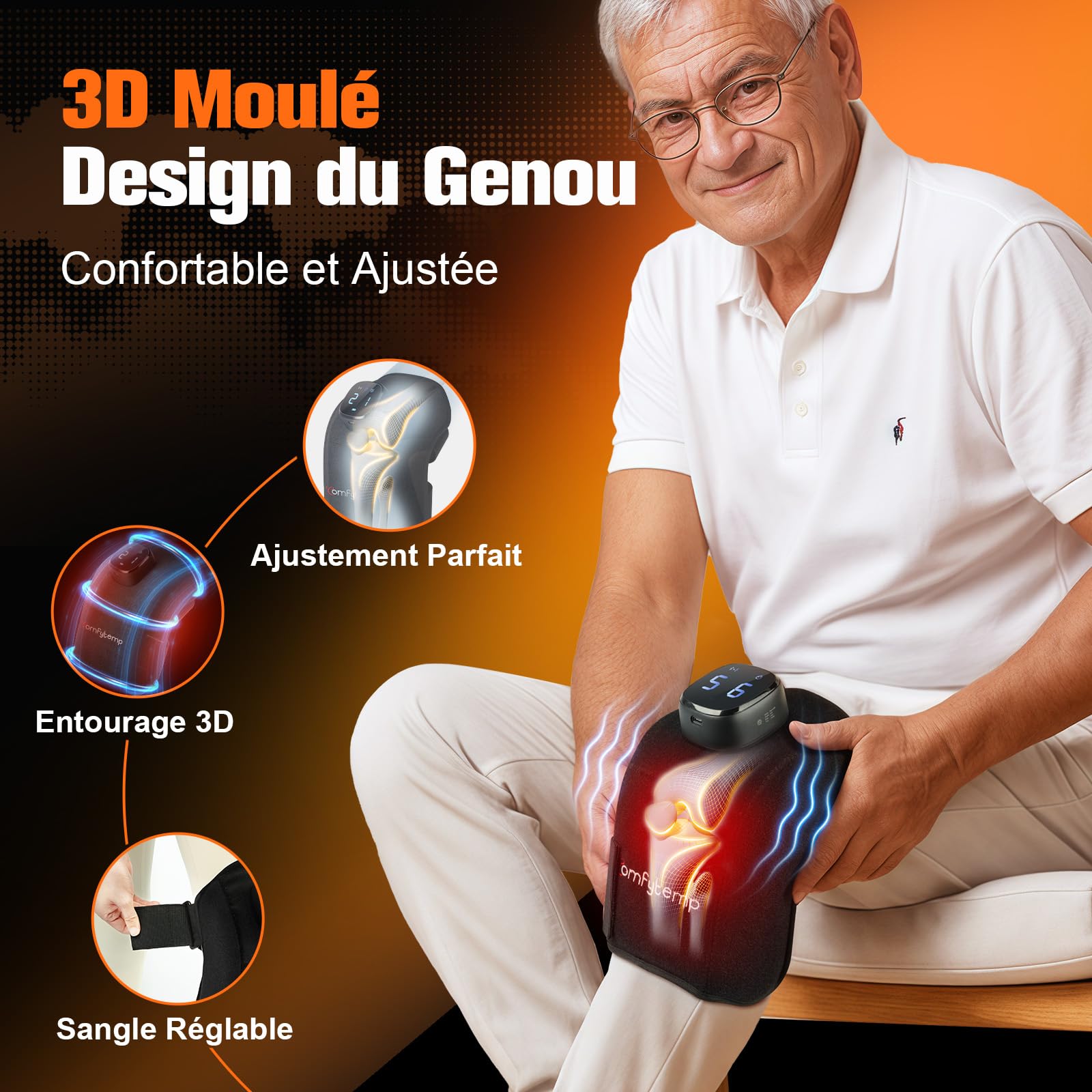 Comfytemp Coussin Chauffant Sans Fil pour Genou, Masseur 3D, 9 Niveaux de Chaleur 5 Vibrations, Contrôle APP