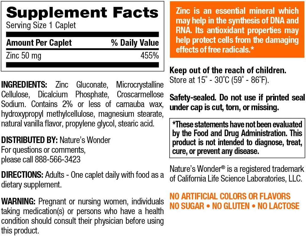 Nature's Wonder Zinc 50mg Tablets, 120 Count