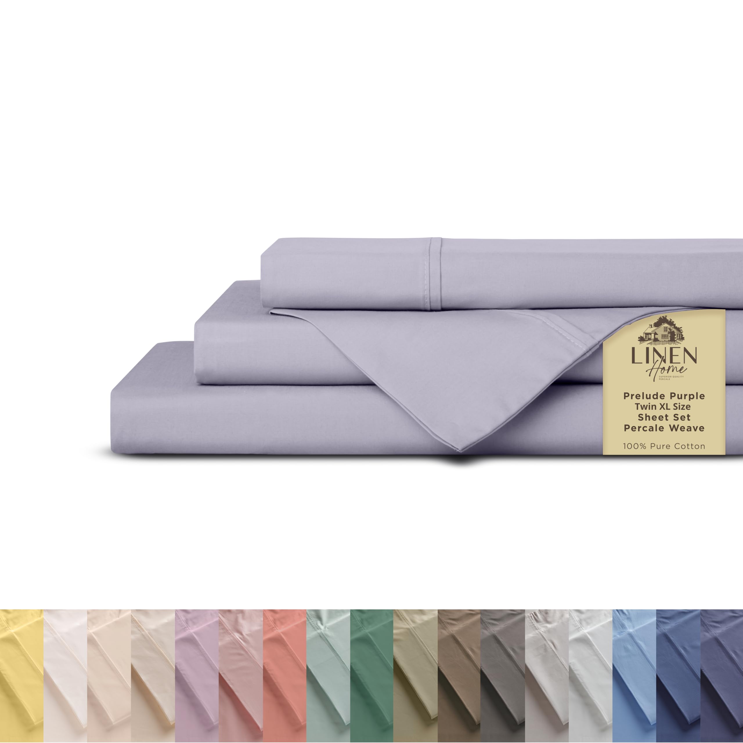 Linen Home 100% Cotton Percale Sheets Twin XL Size, Prelude Purple, Deep Pocket, 3 Pieces Set- 1 Flat, 1 Fitted and 1 Pillowcase, Crisp Cool and Long Staple Strong Bed Linen