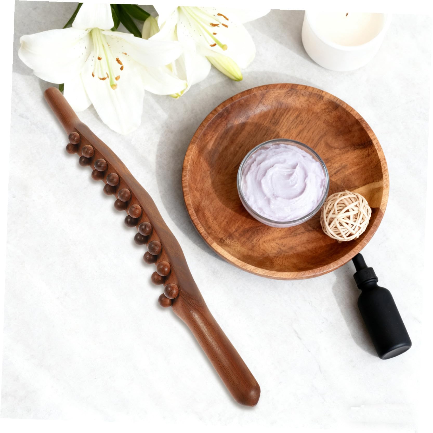Palo de Maderoterapia en Madera Maciza 20 Perlas Redondas | Agarre Ergonómico, Mango Antideslizante, Abdomen y Brazos, Gimnasio u Oficina, Tejido Profundo