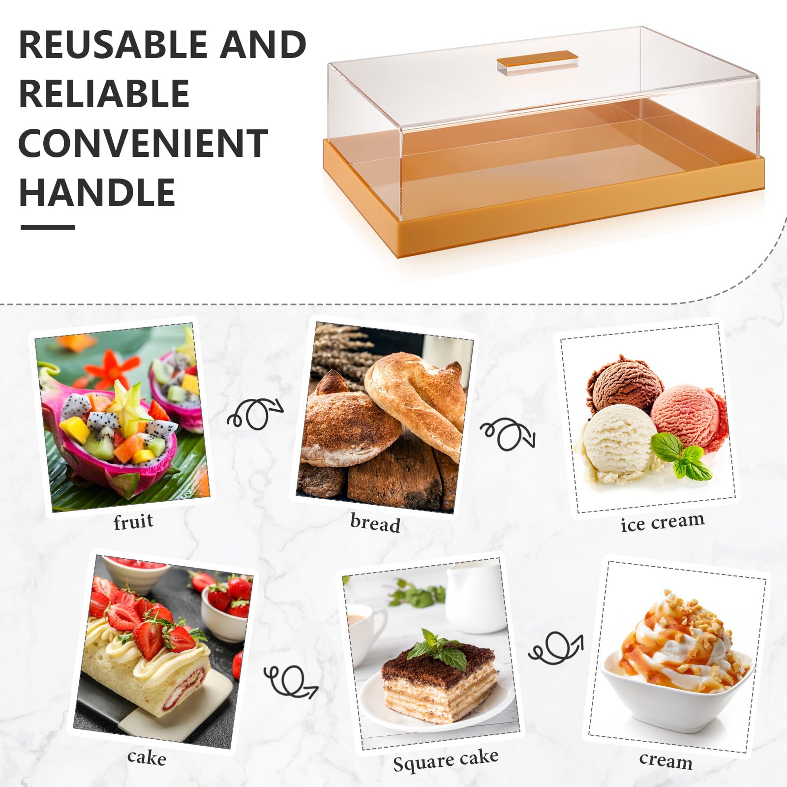 Dandat Rectangular Cake Tray with Lid Acrylic Cake Stand Shatter Resistant Cake Plate White Marbleized Grain Dessert Holder with Clear Cover Rectangle Pastry Candy Display for Wedding (Gold)