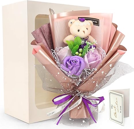 Amazon Rerxn ソープフラワー花束 ぬいぐるみ付き 枯れない花 くま束 造花 ブーケ 誕生日プレゼント お花 ギフト 石鹼フラワー敬老の日 母の日のプレゼント 花 結婚記念日 お見舞い 還暦祝い 開店祝い 昇進 転居 メーセージカード パープル 花束 オンライン通販