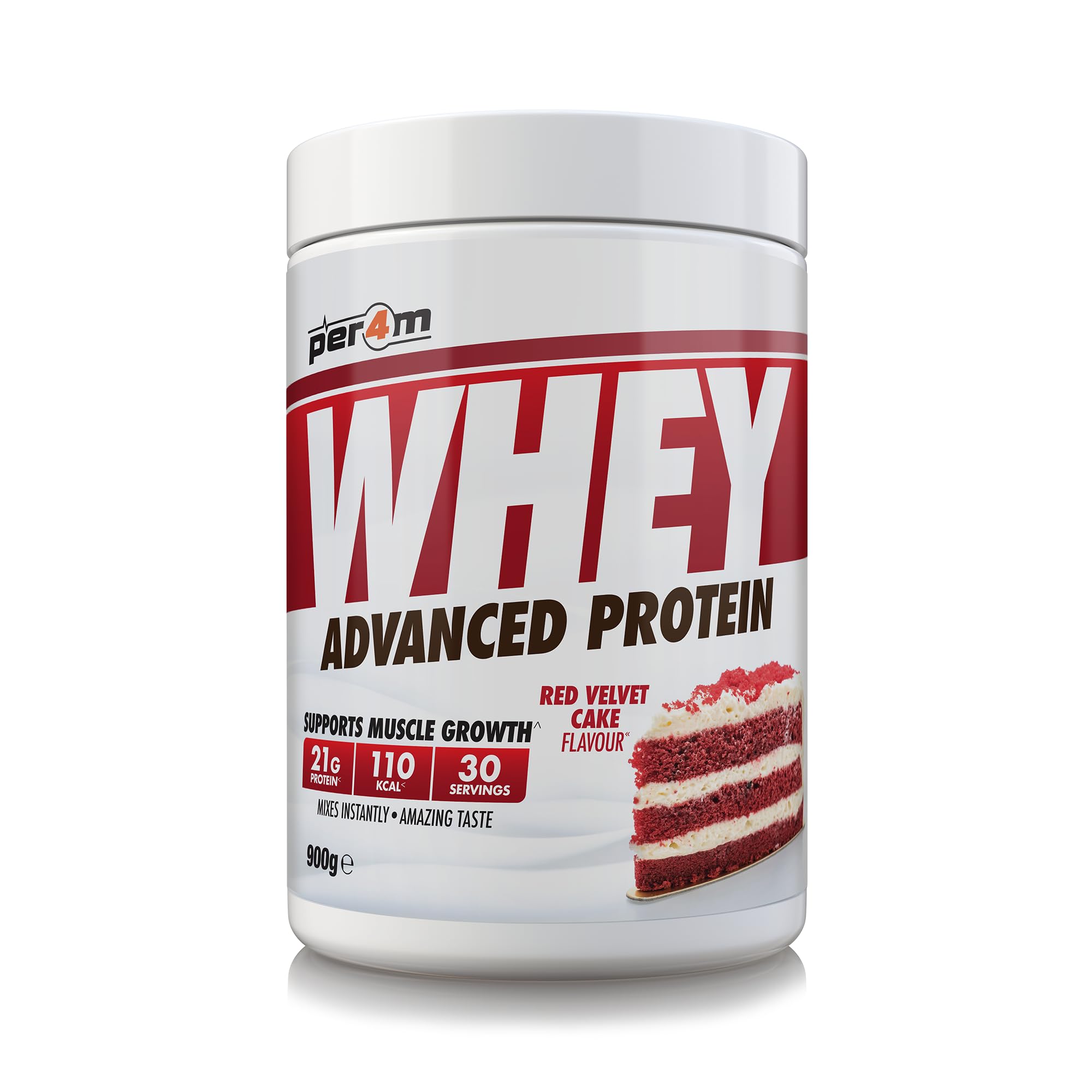 Per4m Whey Protein Powder | High Protein Shake for Muscle Growth & Recovery | Low Sugar Gym Supplement | Sports Nutrition Drink + Amino Acids (900g, Red Velvet Cake)