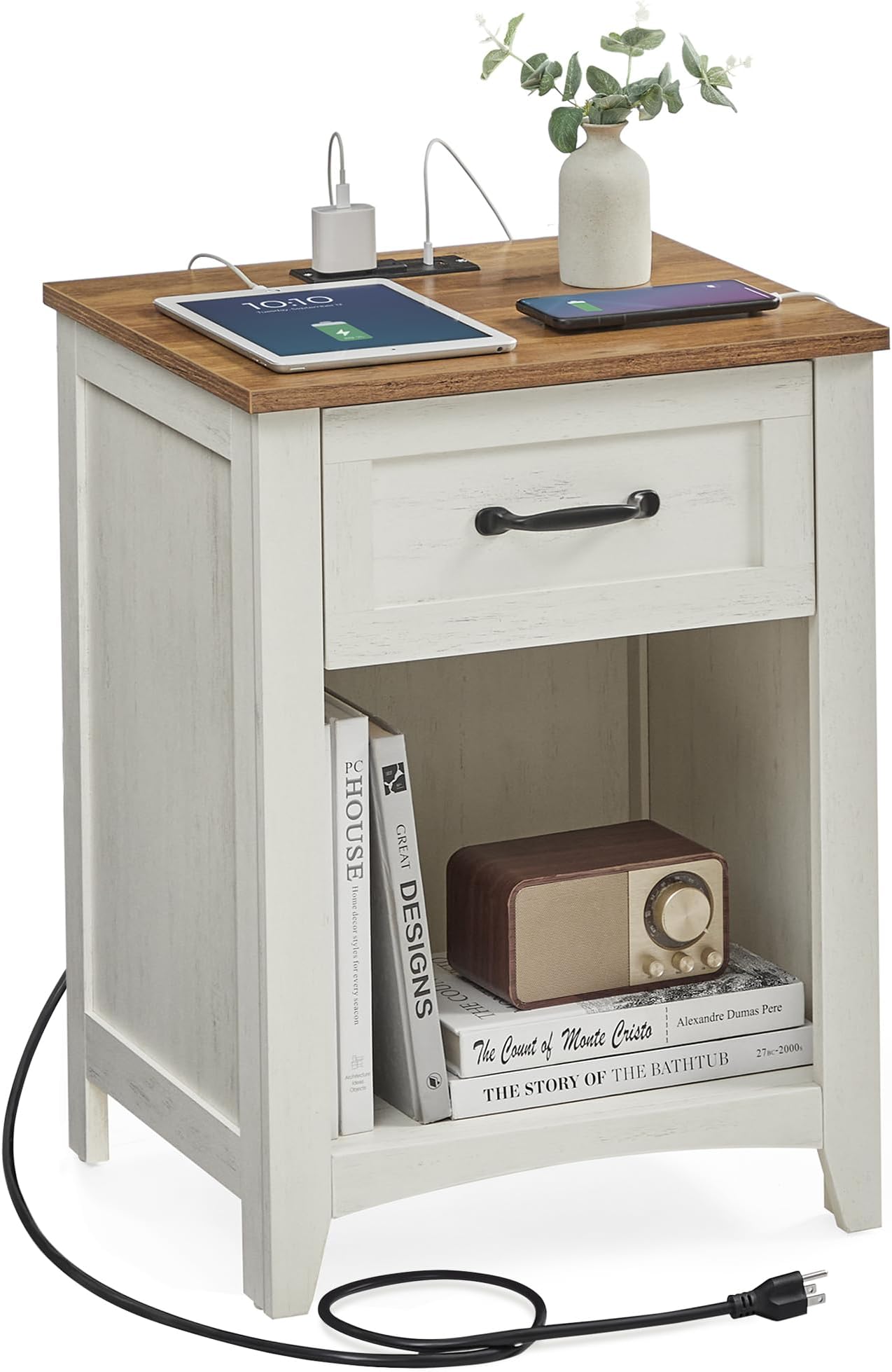 YITAHOME Farmhouse Nightstand with Charging Station, 2
