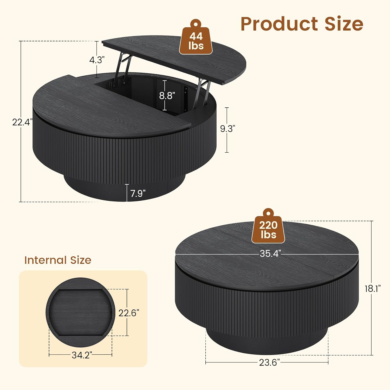 Itaar 35.4" Round Lift Top Coffee Table, Circle Coffee Table with Storage for Living Room, Center Table for Apartment Small Space, Black