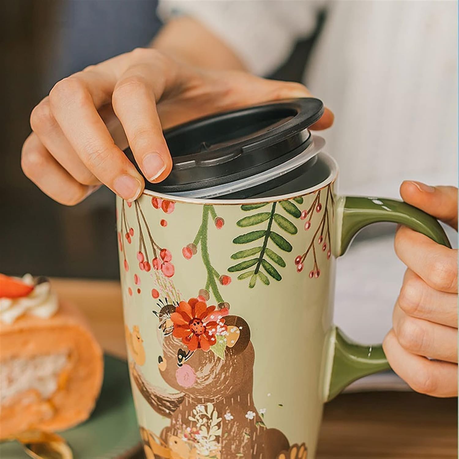 Taza de café de 550 ml, Taza de cerámica de Gran Capacidad, Hermosa Taza de Desayuno con Tapa, Taza para Beber para el hogar o la Oficina con Cuchara, Taza de té