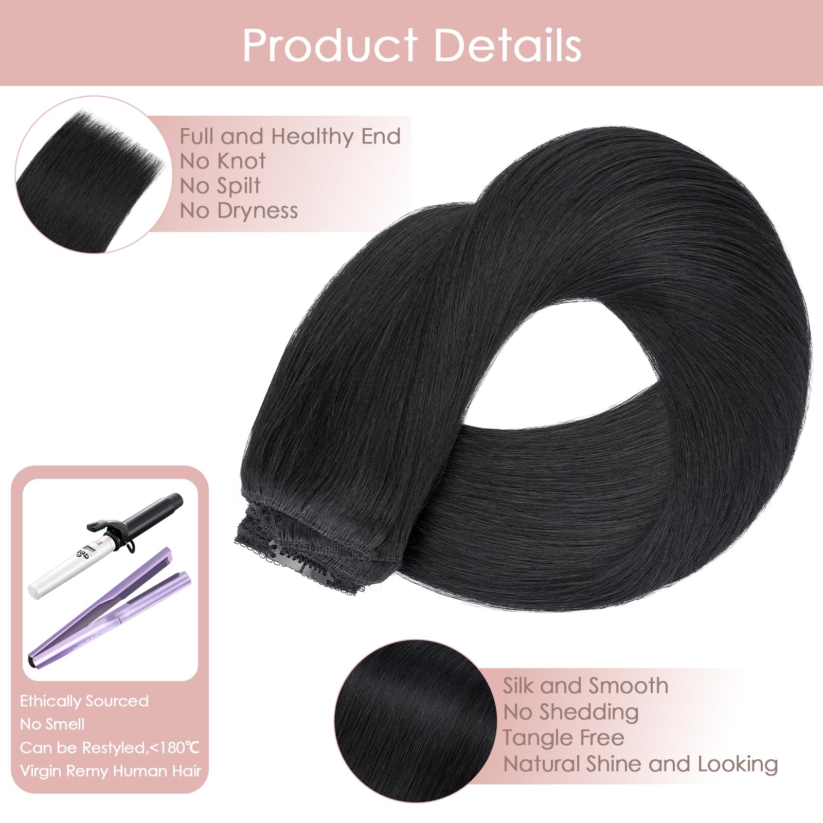 Silk-co Clip in Hair Extensions Real Human Hair Remy Double Weft With Lace Coverd Clip in Silky Straight Natural Thick Hair Seamless 7pcs 16Clips 100g Extension for Women 14Inch #01 Jet Black - Image 4