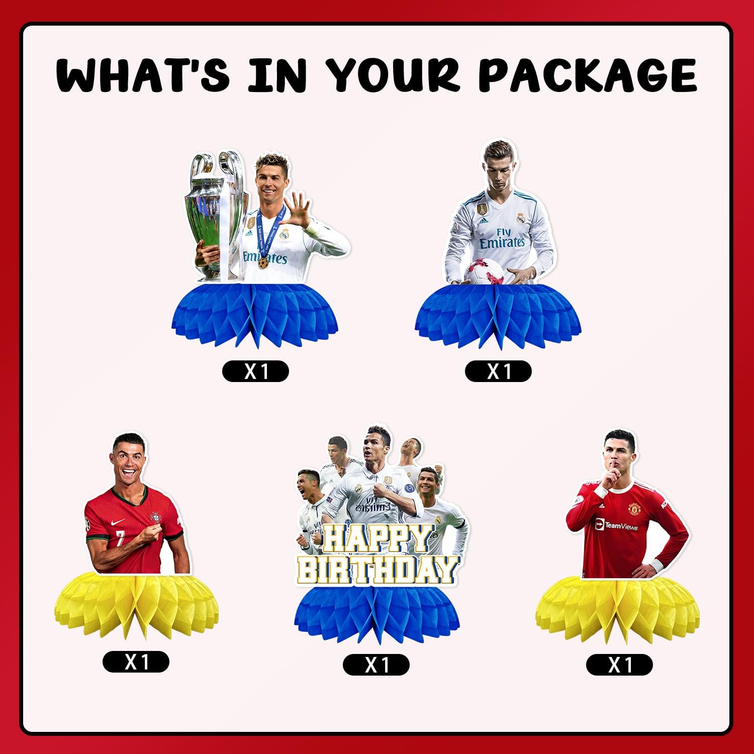 5Pcs Soccer Ronaldo Party supplies set Honeycomb Centerpieces Double Sided Table Topper for Soccer Ronaldo Birthday Party Decorations (blue-4)