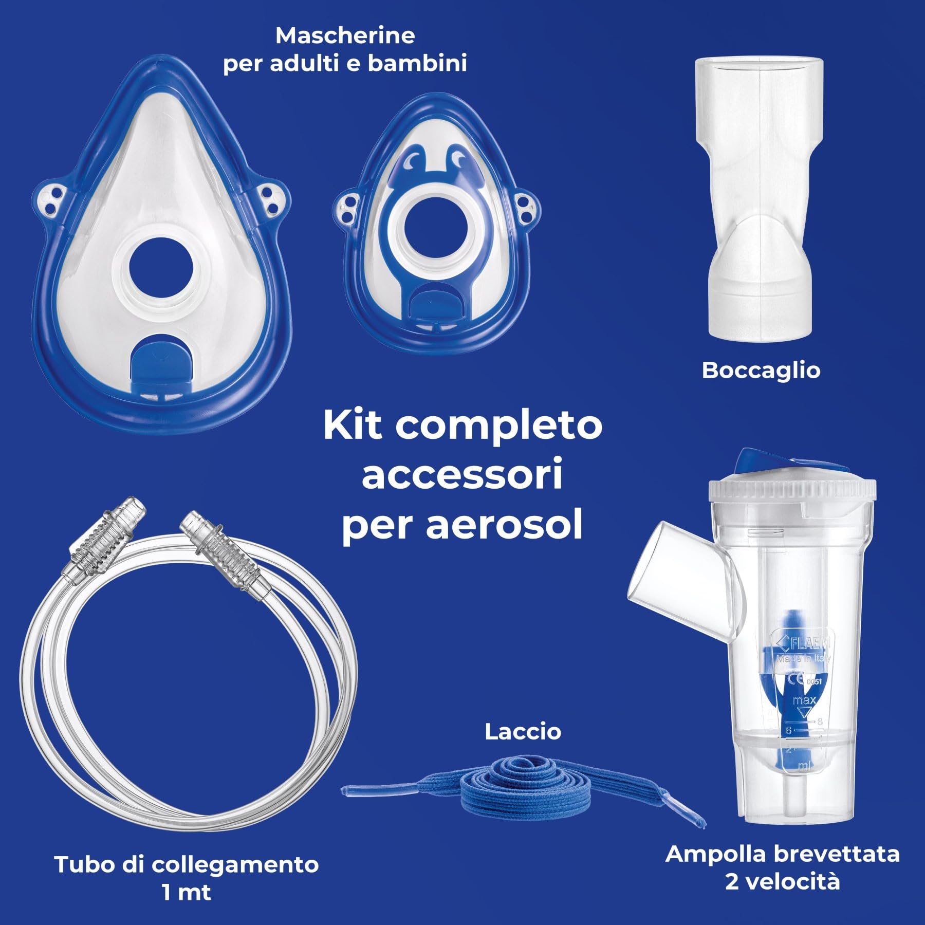 Flaem, Kit Completo Accessori Aerosol, Ampolla RF7 Dual Speed, Mascherina Adulto, Mascherina Pediatrica, Boccaglio, Elastico, Tubetto 1 Mt. Compatibile con Tutti gli Aerosol a Pistone Flaem