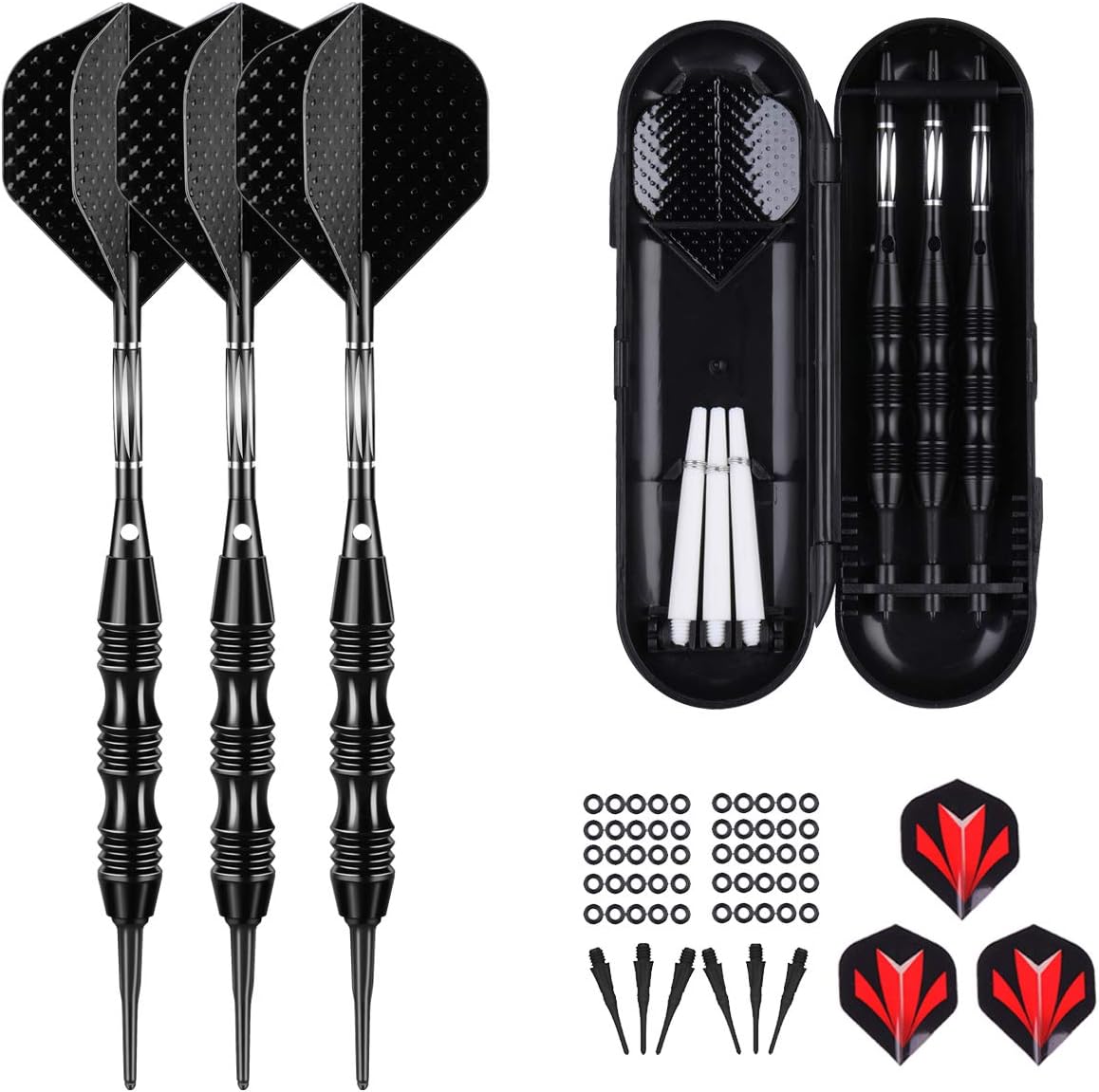 Professional Soft Tip Darts Set 20 Grams - 50 Rubber O-Rings + 30 Darts Plastic Tip + Aluminum Shafts + 6 Standard Flights + Portable Case for Electronic Dart Board