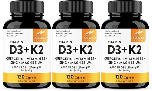 Miniatura 10 de Sandhu's Vitamina D3 K2 Magnesio 5000 UI, cápsulas de 120 mcg de K2, 60 unidades (Paquete de 1) | con VIT B6, Zinc y Quercetina | D3K2 apoya una