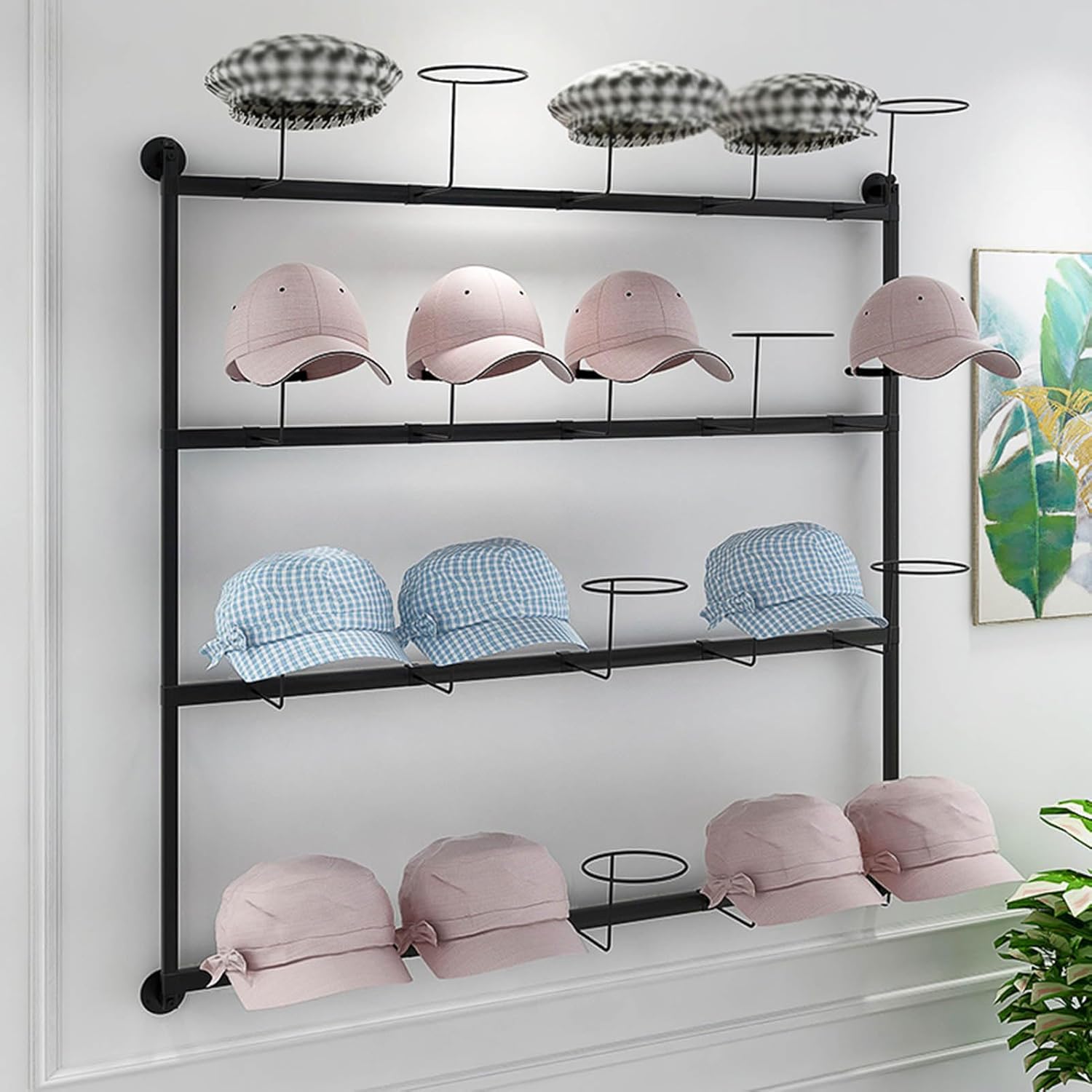 Wall Mount Metal Hat Rack Stand Baseball Hat Holder, 4 Tier Commercial Clothing Store Fedora Hat Rack Wig Display Stand, Adjustable Retail Store Hat Headwea(Q-120 * 100cm