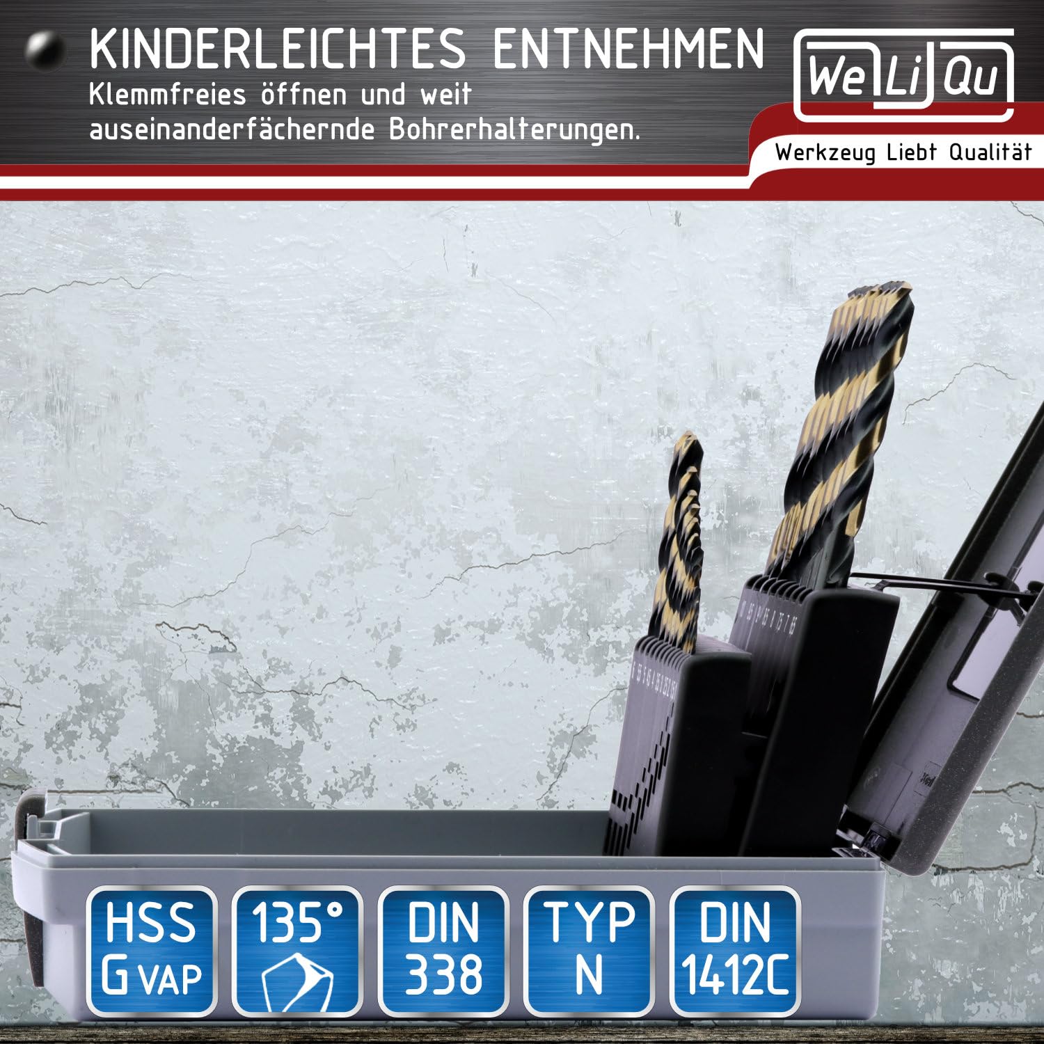 WELIQU Krachtige spiraalboorset HSS-G vaporiseerd, spiraalboorset, 19-delig, precisieboor, 1-10 mm, 0,5 mm stappen, zelfcentrerend voor metaalbewerking