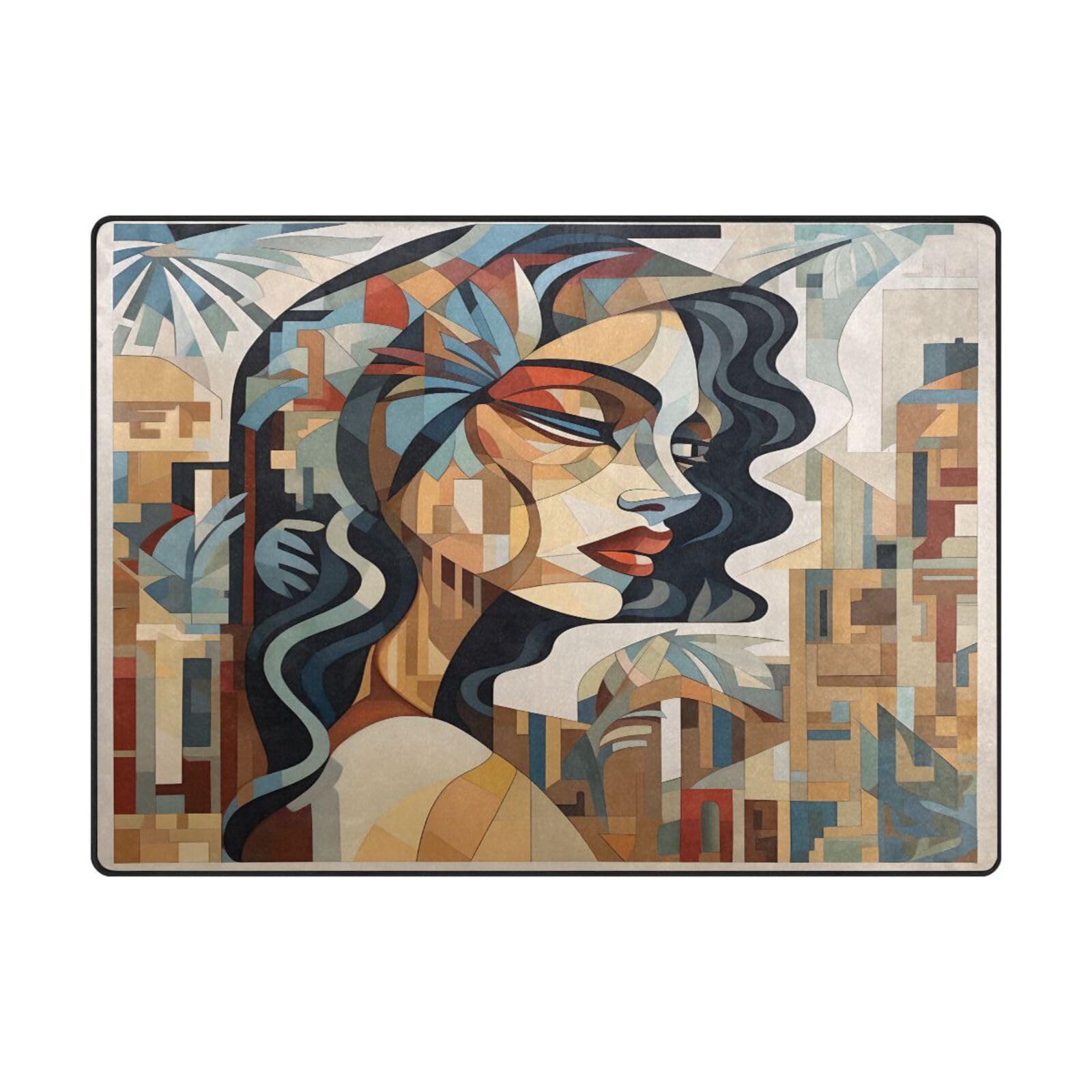 Grand tapis salon 203x147 cm au portrait abstrait moderne