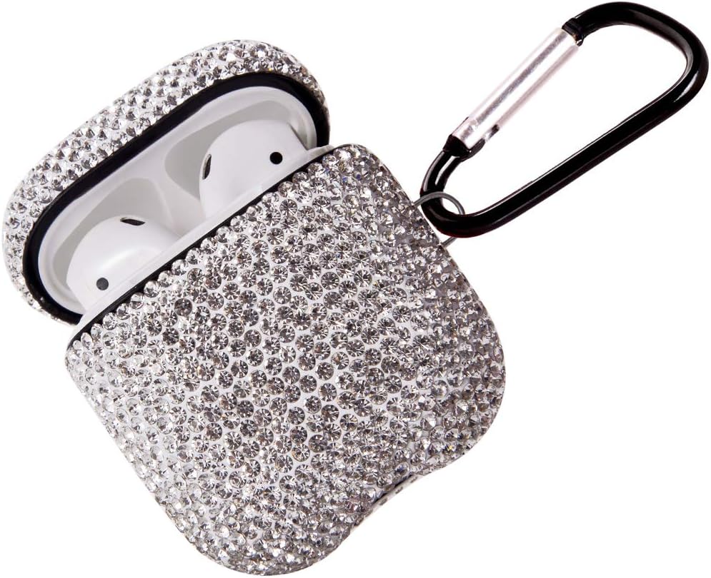 Sparkly Diamond Case for AirPods with Keychain, Shockproof Protective Premium Bling Rhinestone Cover Skin Compatible with AirPods Charging Case 2 & 1(White C18)