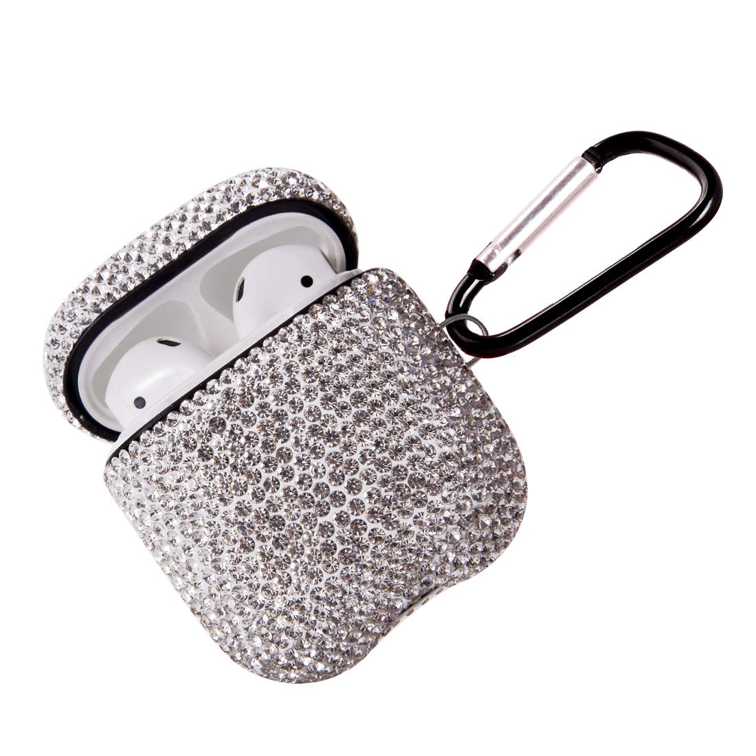 Sparkly Diamond Case for AirPods with Keychain, Shockproof Protective Premium Bling Rhinestone Cover Skin Compatible with AirPods Charging Case 2 & 1(White C18)