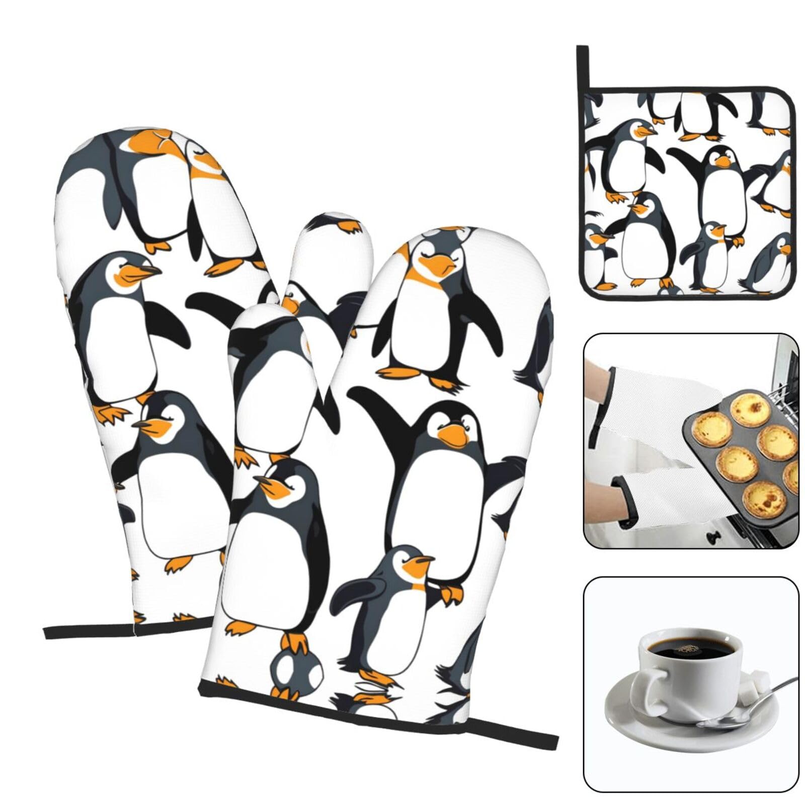 Ensemble de gants de cuisine et maniques Pingouin - Isolation épaisse et anti-brûlure - 2 gants isolants et un tapis de couvercle