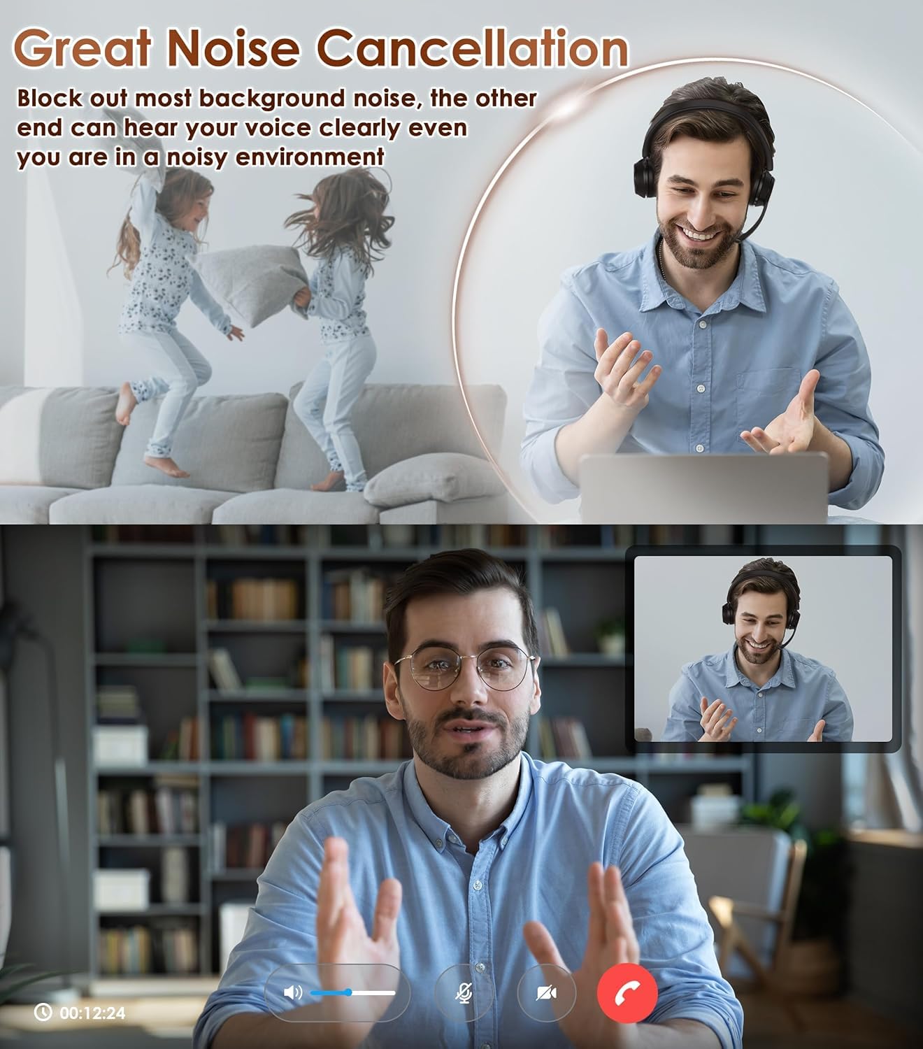 Soothielec Bluetooth Headset, Kabelloses Headset mit Mikrofon mit Geräuschunterdrückung, bestes Headset mit Mikrofonstummschaltung und USB-Dongle für PC/Computer/Laptop/Handys/Fernarbeit/Call Center