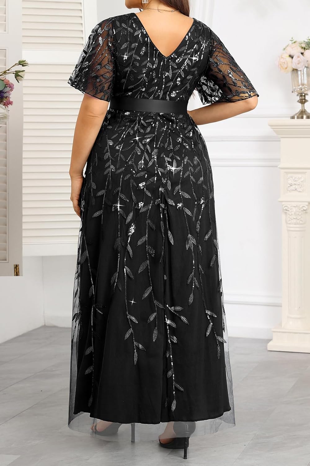 Pinup Fashion Plus Size Formal Dresses - Evening Gowns Sequin Embroidery V-Neck Prom Long Dress with Slit - Image 3