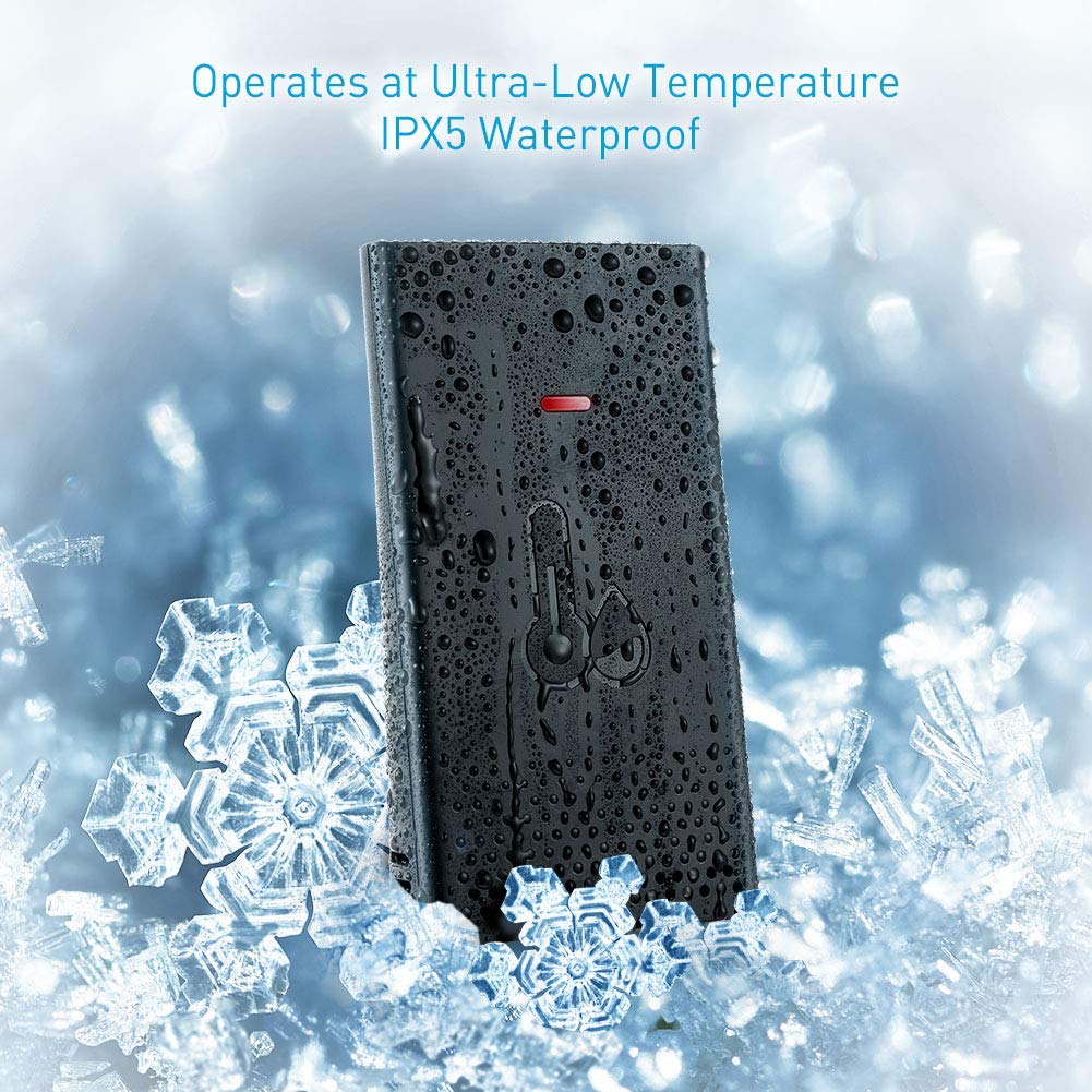 The X-Sense Wireless Remote Sensor shown in a frosty environment, highlighting its ability to operate in ultra-low temperatures and its IPX5 waterproof rating.
