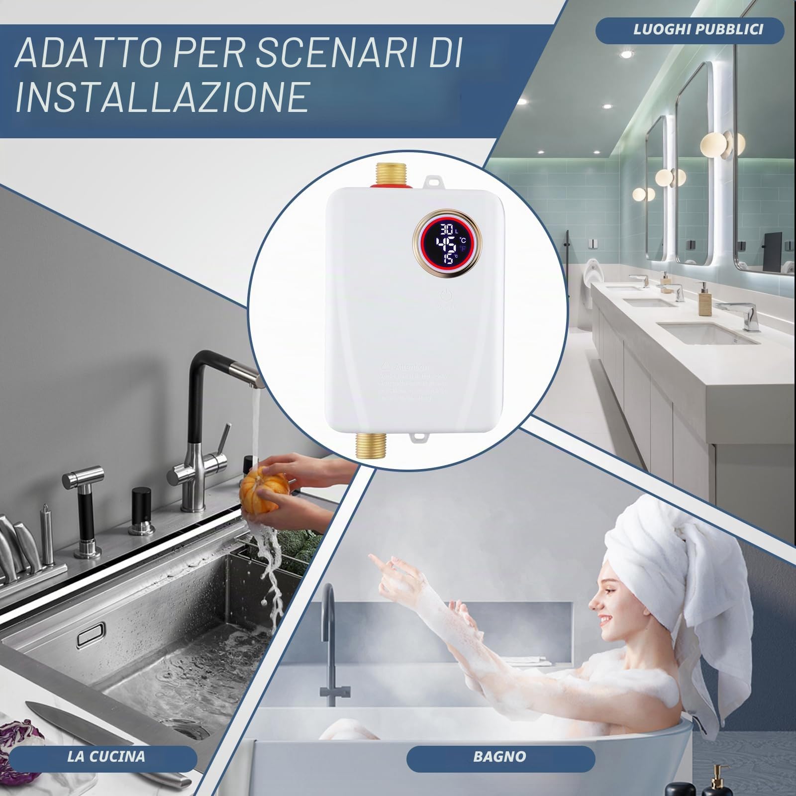 Scaldabagno elettrico 3500W 220V Mini scaldabagno con display LCD di temperatura 20-50°C, impermeabile IPX4, scaldabagno elettrico istantaneo per doccia, bagno, cucina