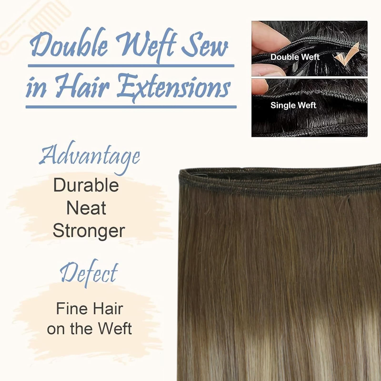 Easyouth Weft Hair Extensions Real Human Hair Balayage Human Hair Sew in Extensions Ombre Dark Brown Fading to Ash Brown with Medium Blonde Human Hair Extensions Weft Long Straight Hair 24 Inch 100g - Image 3