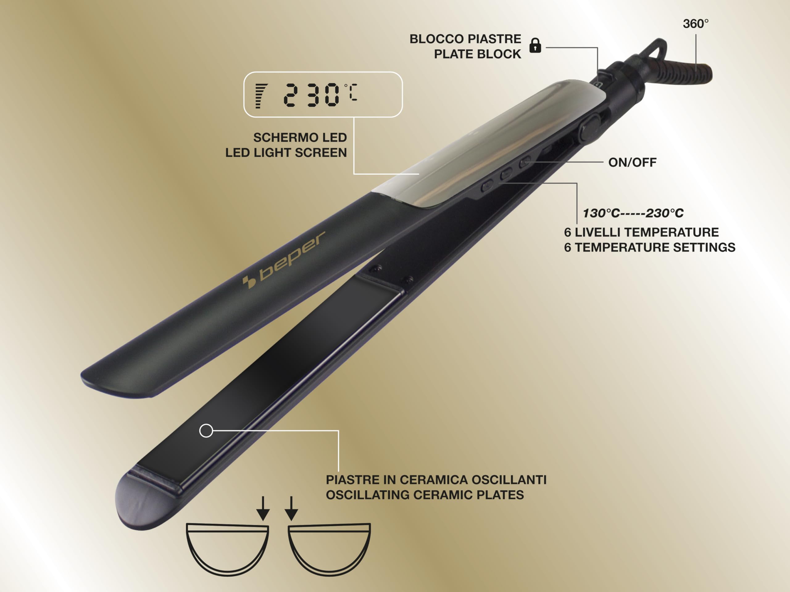 BEPER P301PIS200 Ceramiczna Prostownica do Włosów, Prostownica z 6 Ustawieniami Temperatury, Szybkie Nagrzewanie do 230°, Obrotowy Kabel 360°, Automatyczne Zatrzymanie, Blokada Płytek, Czarny