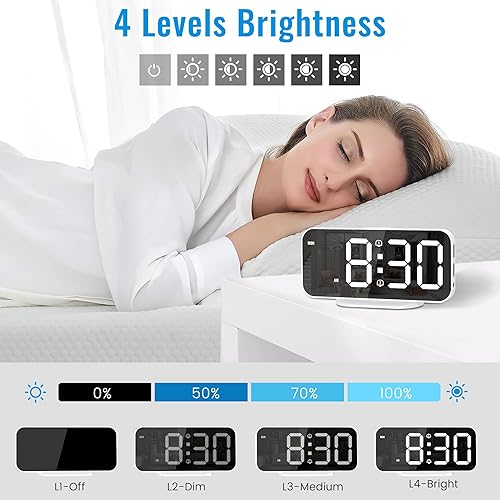 Miniatura 2 de Reloj despertador digital con espejo LED delgado, pantalla grande con modo de atenuación, alarmas dobles y puertos USB, 4 niveles de brillo,
