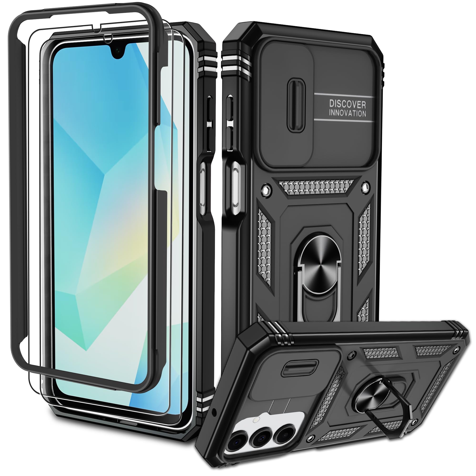 Pilaru Handyhülle für Samsung Galaxy A12 Hülle, Kameraschutz Cover mit Stück Schutzfolie, 360° Drehbarer Ständer Schutzhülle Militär Case Outdoor Kratzfeste Handy hülle Samsung A12 Hülle Schwarz