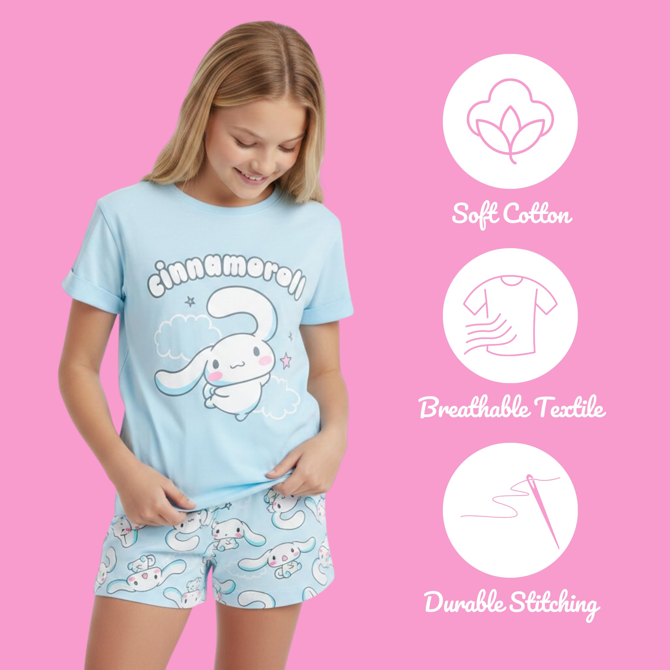 Hello Kitty Cinnamoroll Camiseta y Pantalon para Niña, Conjunto 2 Piezas Camiseta Manga Corta y Pantalon Corto, Tallas 8 a 14 Años