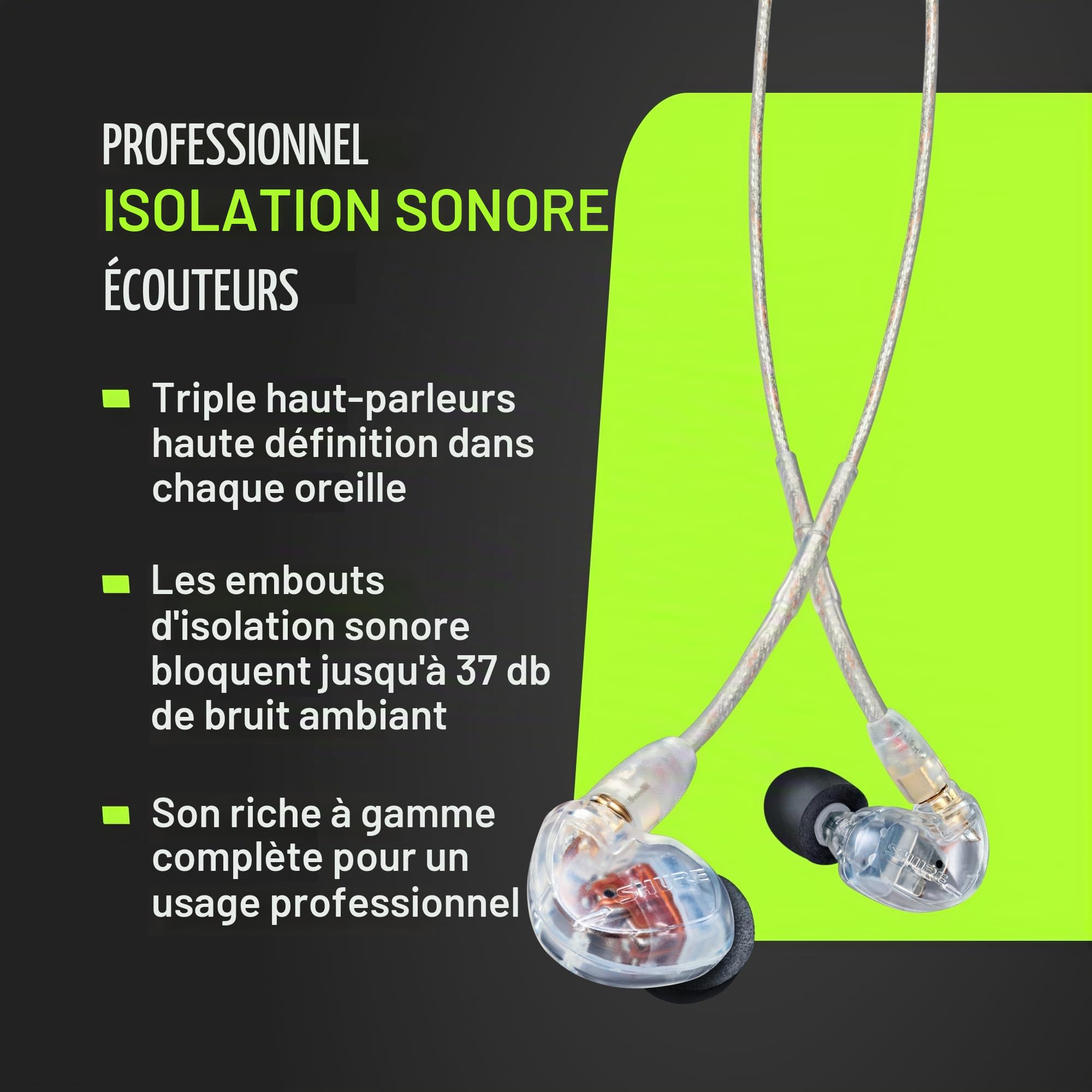 Shure SE535 Intra-aural écouteur Transparent - Casques (Intra-aural, écouteur, avec Fil, 18-19000 Hz, 1,62 m, Transparent)