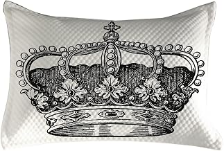 Ambesonne Queen Quilted Pillowcover, Antique Royal Crown Kingdom Emperor Ruler Czar Monarchy Authority, Standard Queen Size Accent Pillow Cover for Bedroom, 30" x 20", Black and White