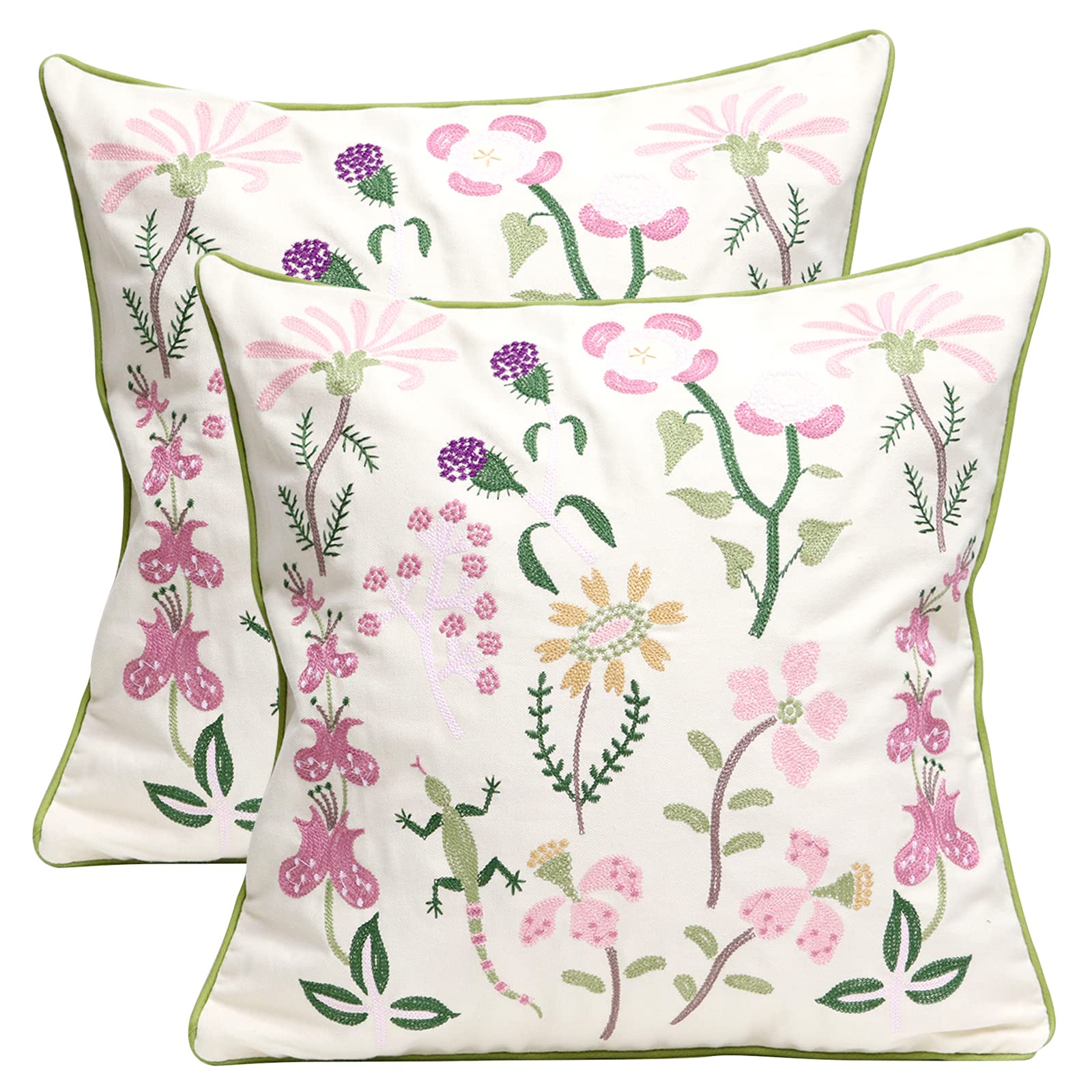Pilmandu Set of 2 Embroidered Decorative Throw Pillow Covers Couch Square Pillowcases Cushion for Bedroom Sofa Farmhouse Decor 18x18 Inch (Gecko Flower)
