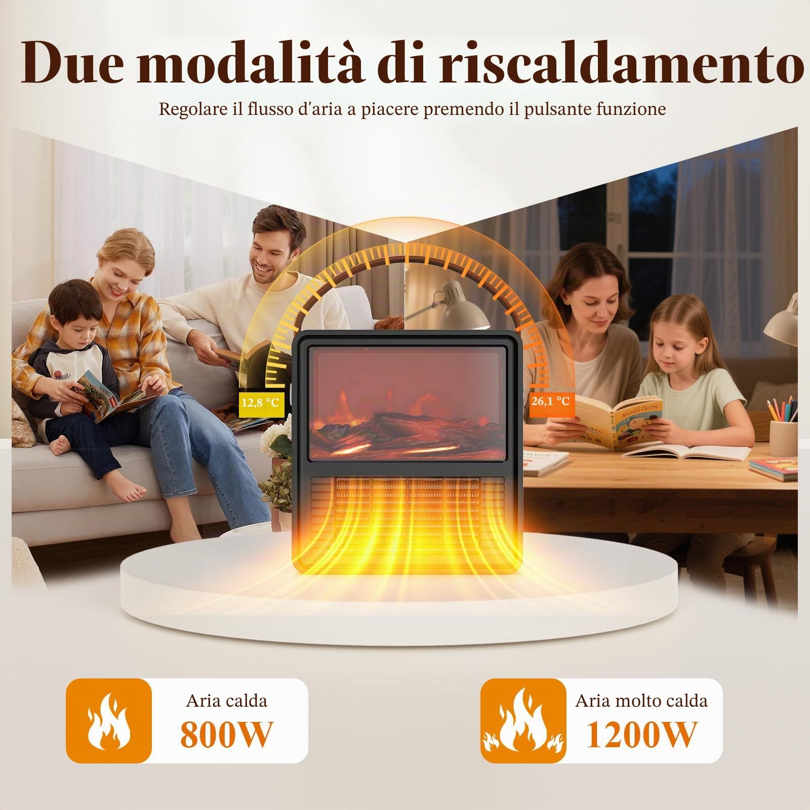 Minthouz Termoventilatore Elettrico 1200W/800W con Effetto Fiamma 3D, Termostato Regolabile, Sicuro, Basso Rumore, Protezione da Surriscaldamento e Ribaltamento, per Camera da Letto e Ufficio