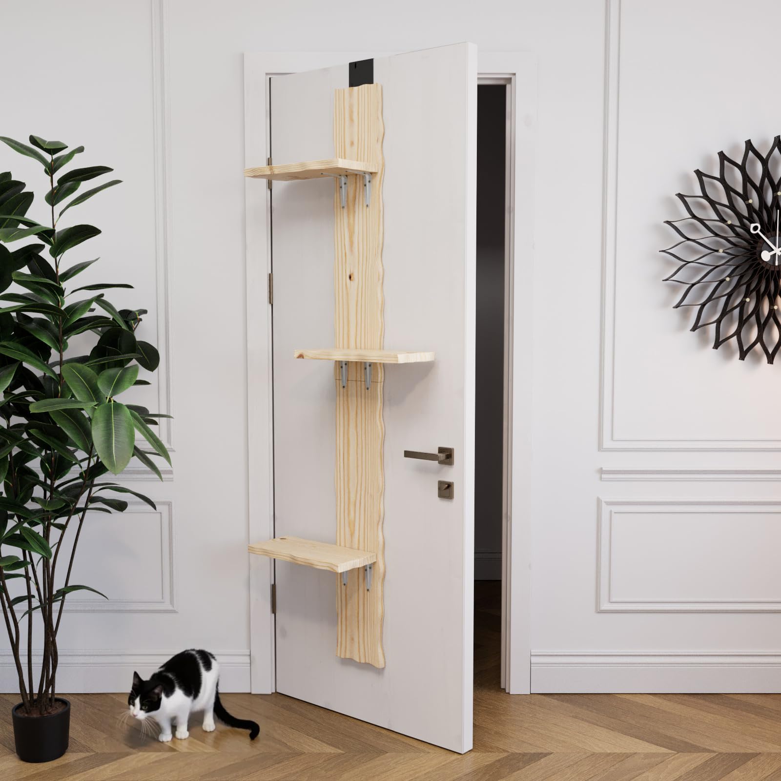 QLS Escalera para Gatos 180 cm, 3 peldaños, Pino sin Tratar | Estructura de 2 piezas con kit completo y 2 soportes para montar dentro o fuera de la puerta