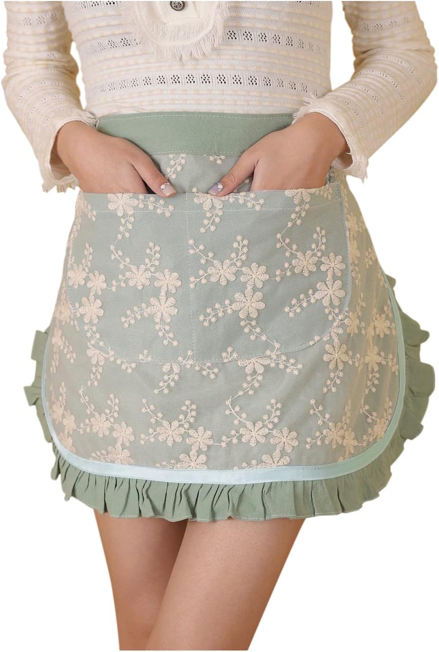 Unisex Chef Aprons White Retro Cotton Maid Short 2 Pockets Waist Waiter Waitress Half Apron