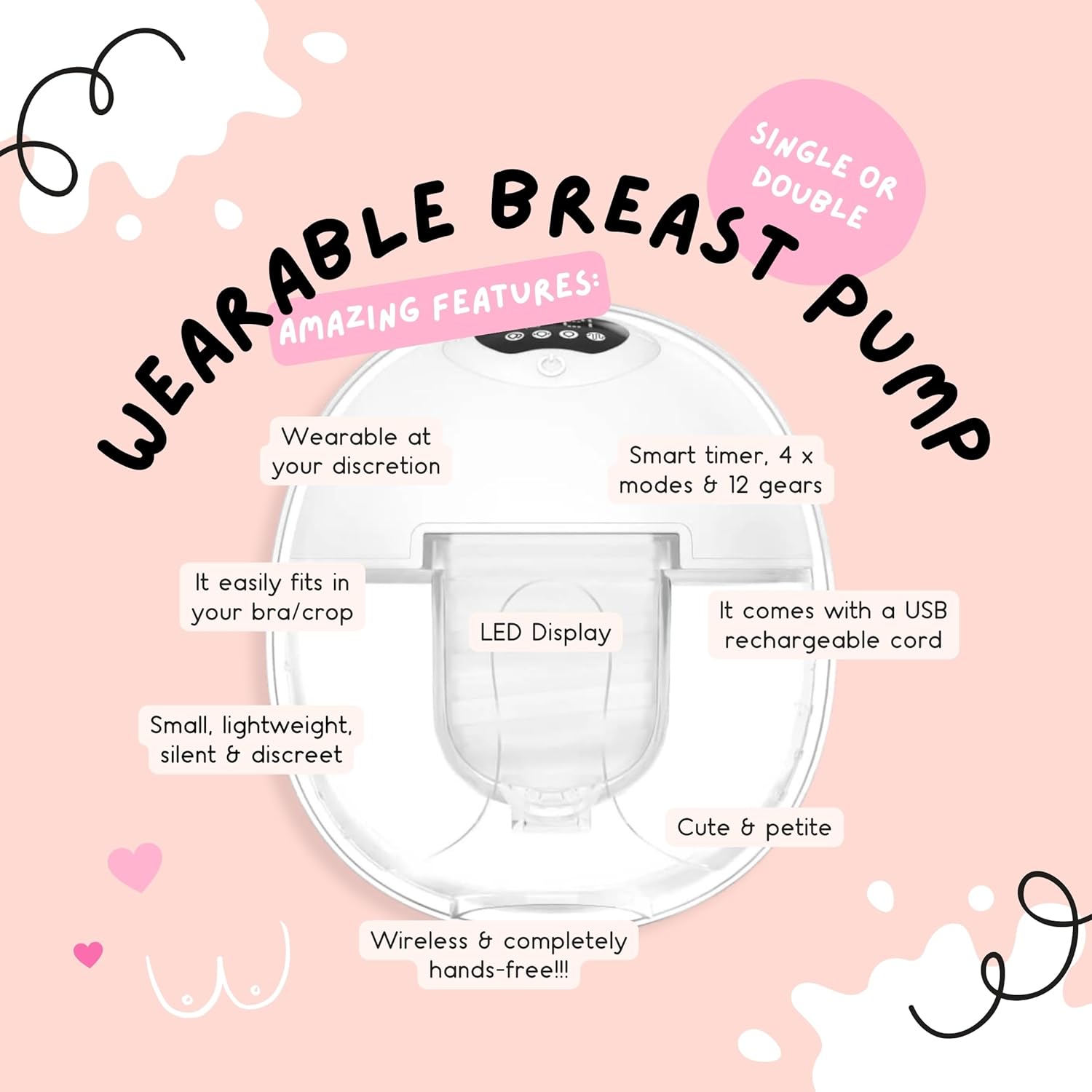 TMM Wearable Breast Pump, Hands Free Wireless Breast Pump, 4 Modes, 12 Suction Levels, Portable & Lightweight, 24mm Flange - 1 Pack - Image 3