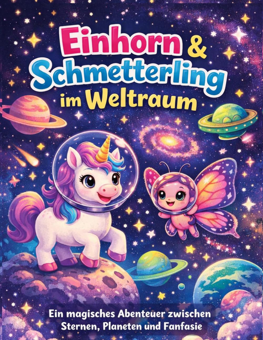 Einhorn & Schmetterling im Weltraum: Ein magisches Abenteuer zwischen Sternen, Planeten und Fantasie mit 40 tollen Motiven zum Ausmalen als Kindermalbuch (Einhorn und Schmetterling auf Mission)