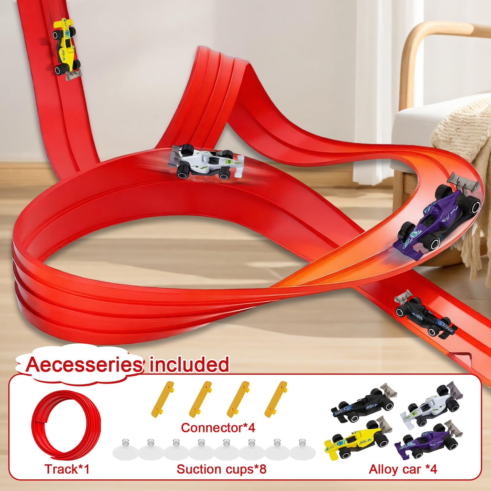 Flexible Car Track 5m, Toy Car Speed Race Track with 4 Diecast Cars, 8 Suckers and 4 Connectors - Image 2