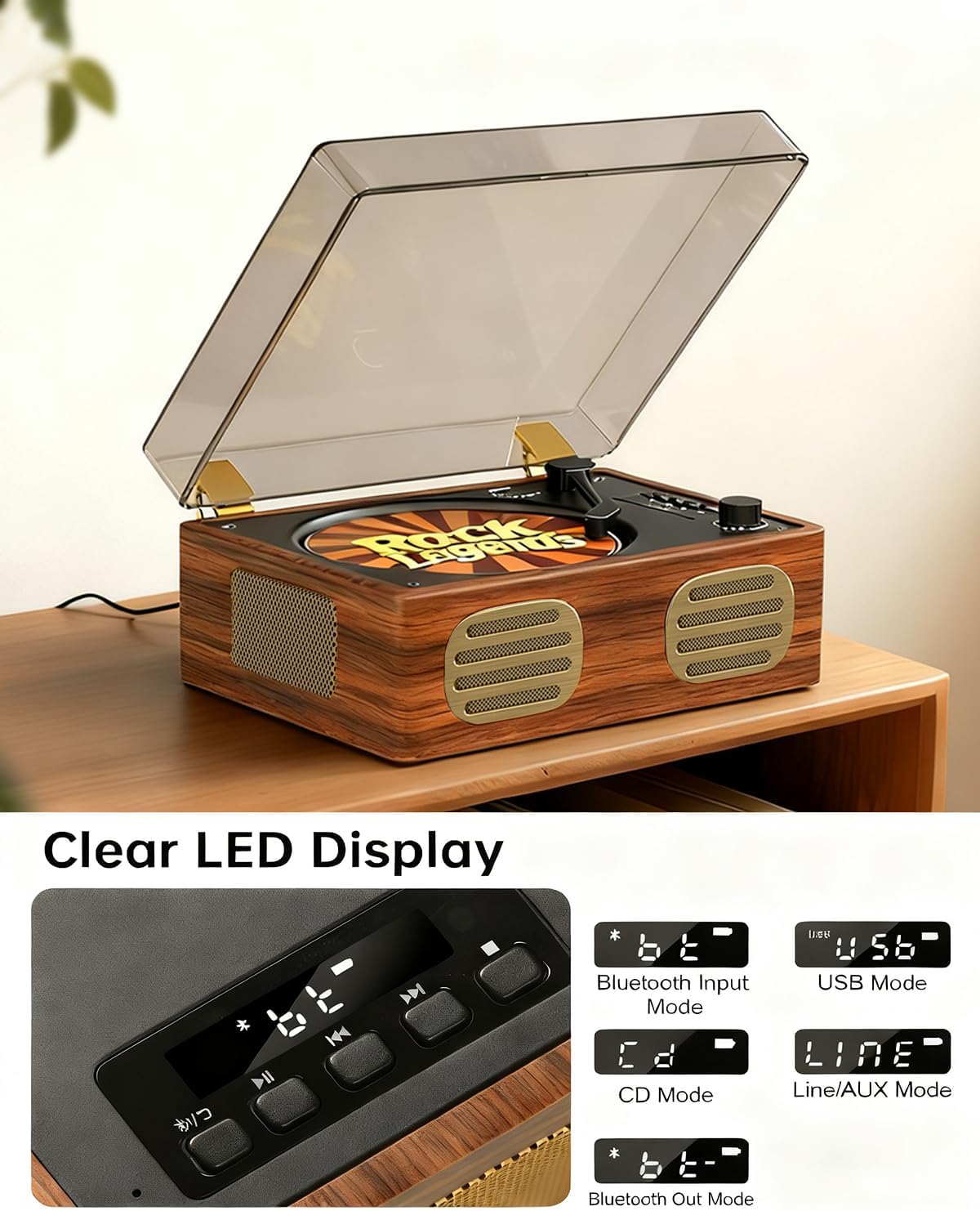 Portable CD Player for Home, Retro BT CD Players Rechargeable, Desktop Boombox Wireless Transmission with Dual HiFi Speakers, LCD Screen Display, USB Type-C AUX-in, Headphone Jack, Red Teak