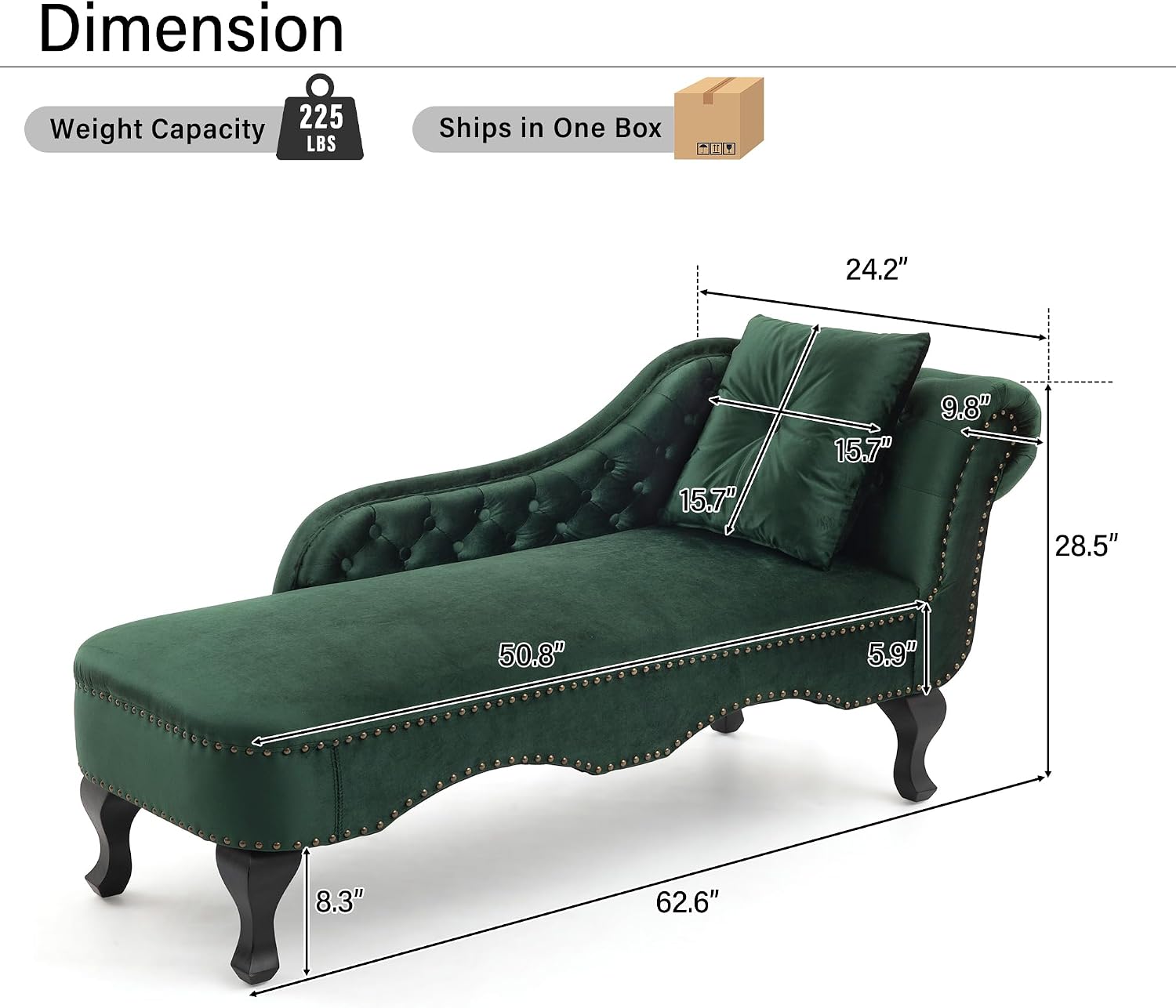 Christopher Knight Home Molan Velvet Upholstered Chaise Lounge Chair Indoor, Wooden Chaise Lounge Sofa with Scrolled Backrest, Living Room Lounge Chair with Right Armrest+Accent Pillow, Green