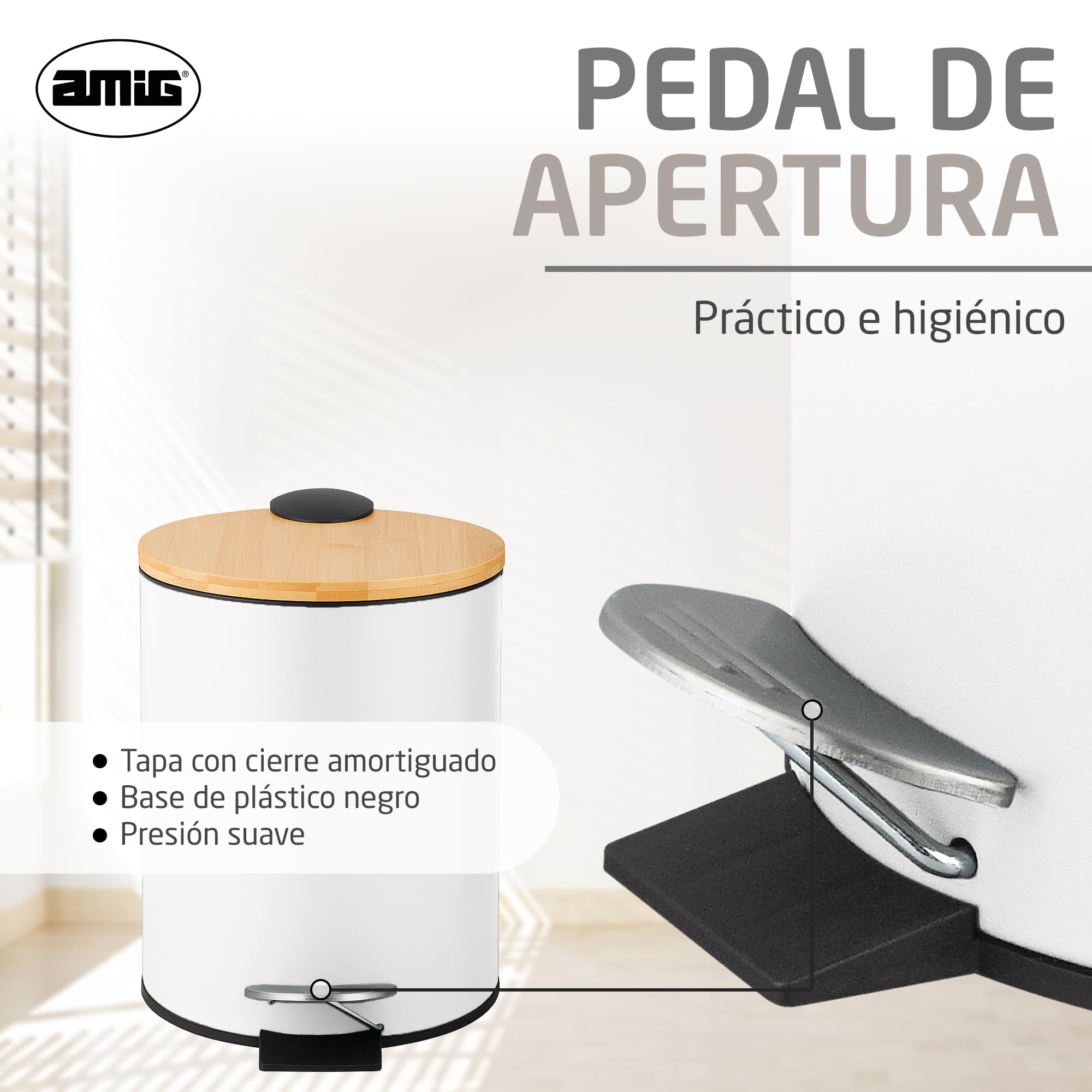 Amig - Cubo de Basura para Baño con Pedal 3 Litros Mod. Naturline - Color Blanco y Bambú - Apertura Higiénica sin Manos - Ø16,8 x 23 cm - Acero Inoxidable Lacado - Papelera Redonda con Tapa Hermética