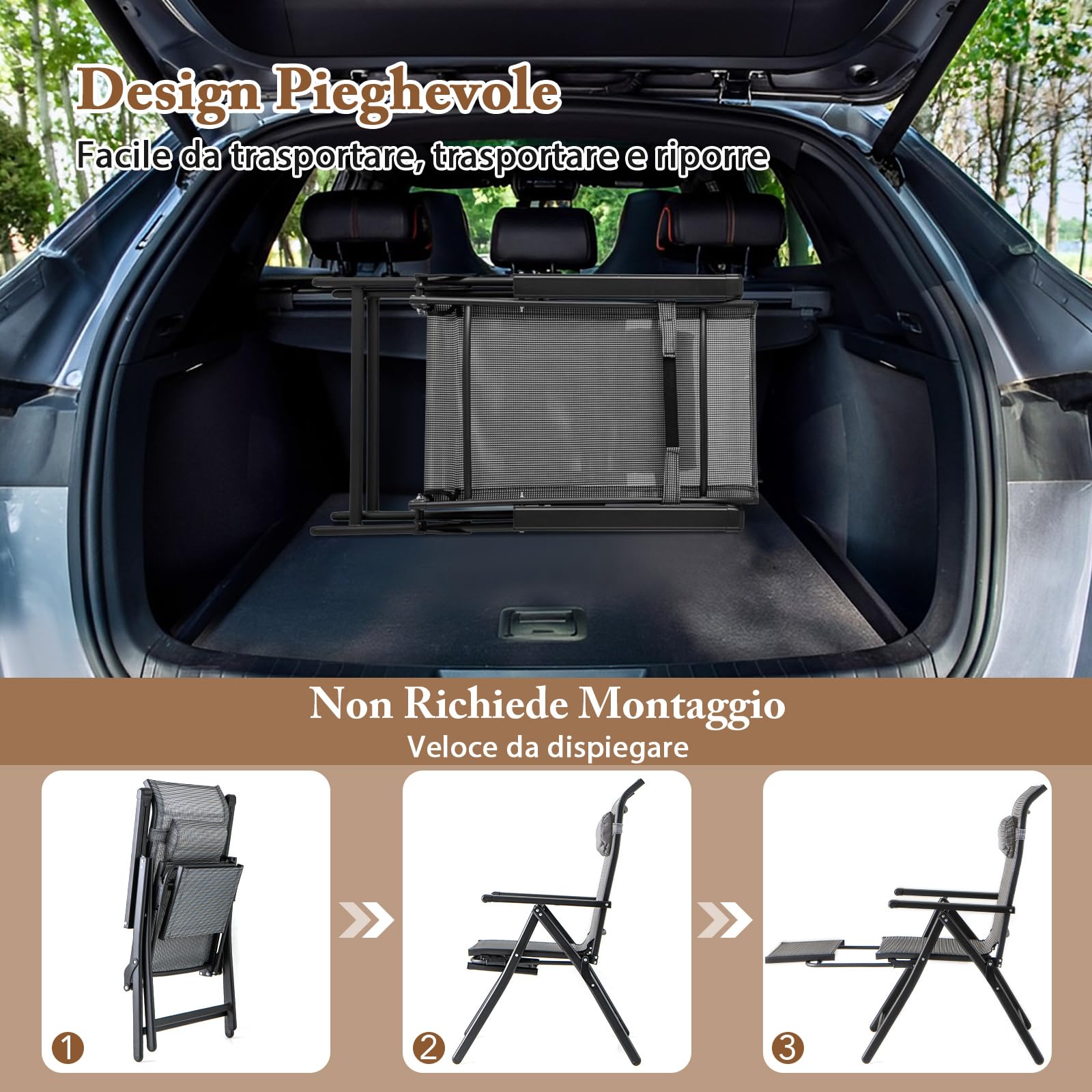 COSTWAY Set di 2 Sedie Reclinabili Pieghevoli, con Poggiatesta (Grigio,2) | Sedie a Sdraio con Schienali e Braccioli Regolabili a 10 Livelli, Poggiapiedi Estraibili, per Piscina Spiaggia Campeggioc