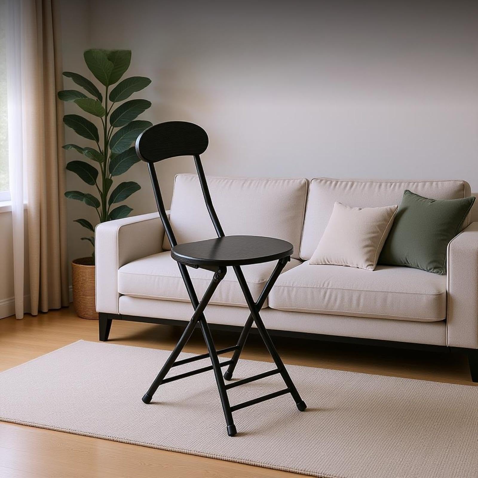Portable Folding Round Stool, No Backrest Wooden Sun Pattern Seat, Silver Iron Frame, Space-Saving Lightweight Chair For Dormitory, Dining, Balcony, Outdoor, Multi-Scene Use Black Black|Home & Garden|-image-20