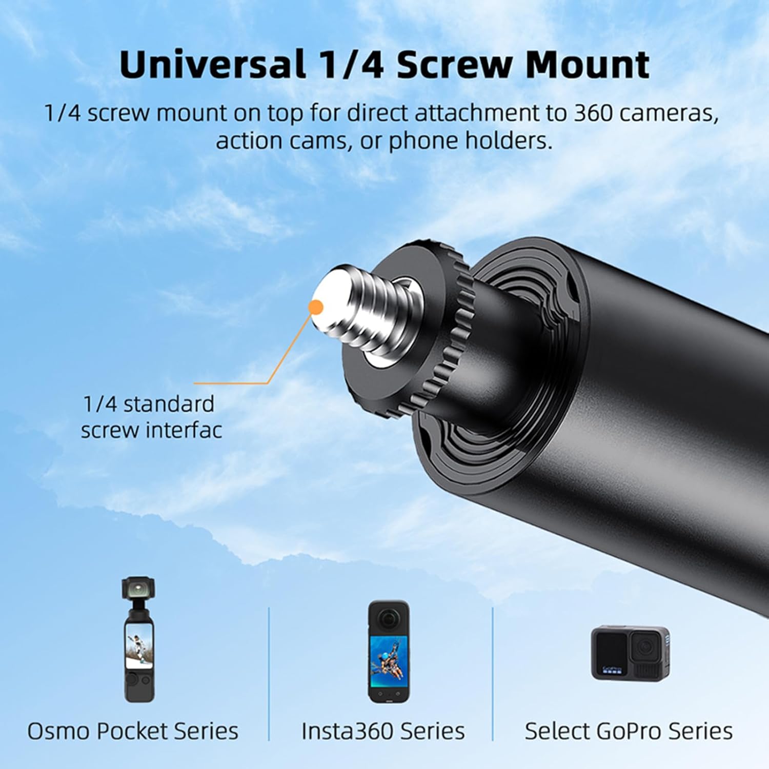 Extended Invisible Selfie Stick Fit for Insta360 X5 X4 Action Cameras,Adjustable Extended Selfie Stick with 1/4" Screw for Osmo Pocket 3 Travel & Vlogging Bracket Mount Accessories