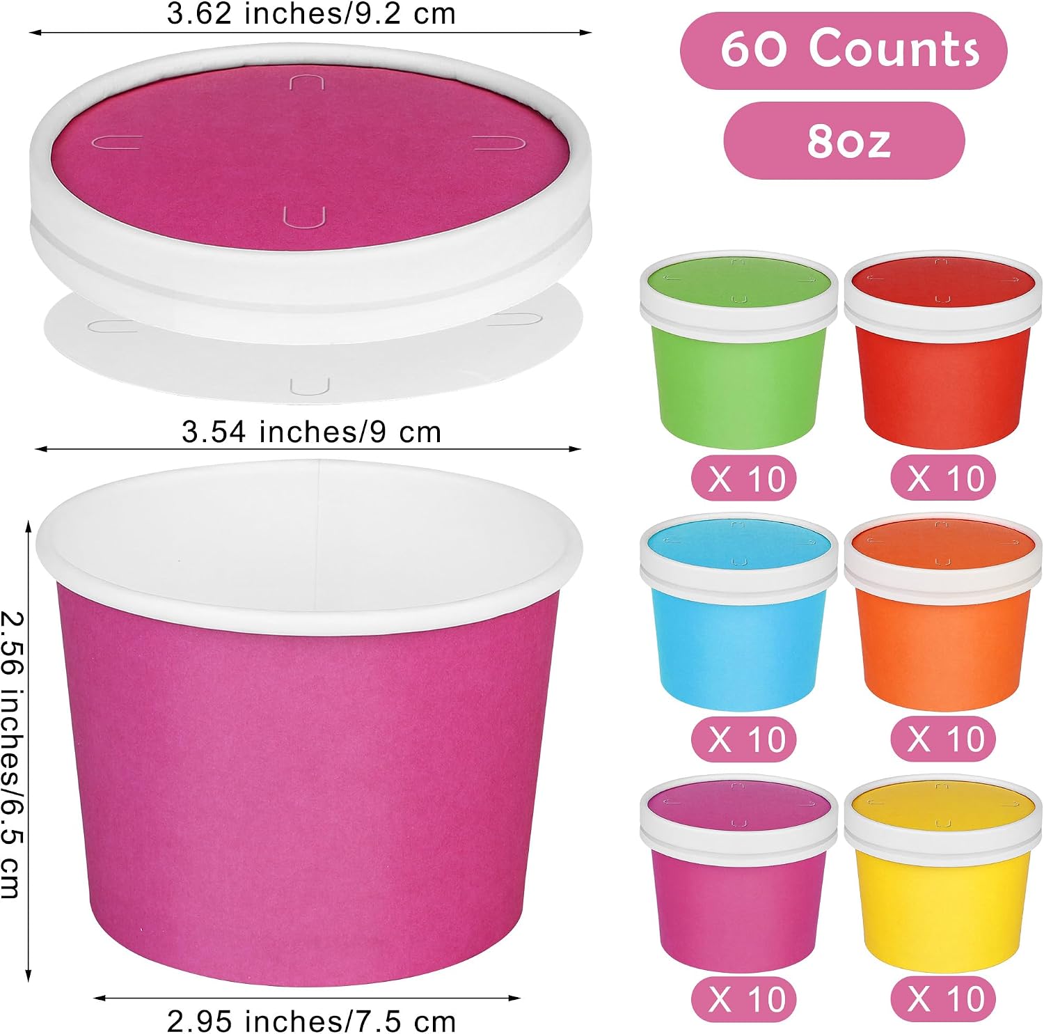 Aodaer 60 Pack 8 oz Paper Bowls with Lids Disposable Ice Cream Cups with Lids Leak-proof Hot Soup Bowls Dessert Sundae Snack Treat Cups Party Supplies for Picnic Birthday Summer Party, Rainbow